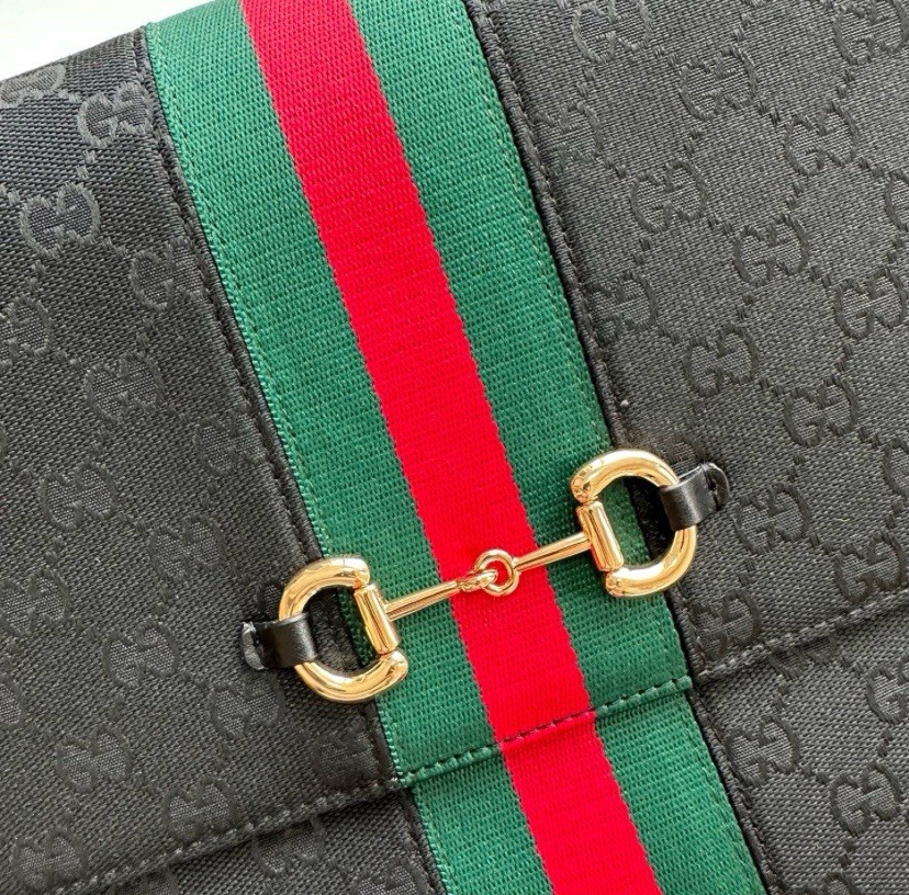 Gucci GG Pattern Web Stripe Top Handle Bag w/ Detachable Strap Flap Gold