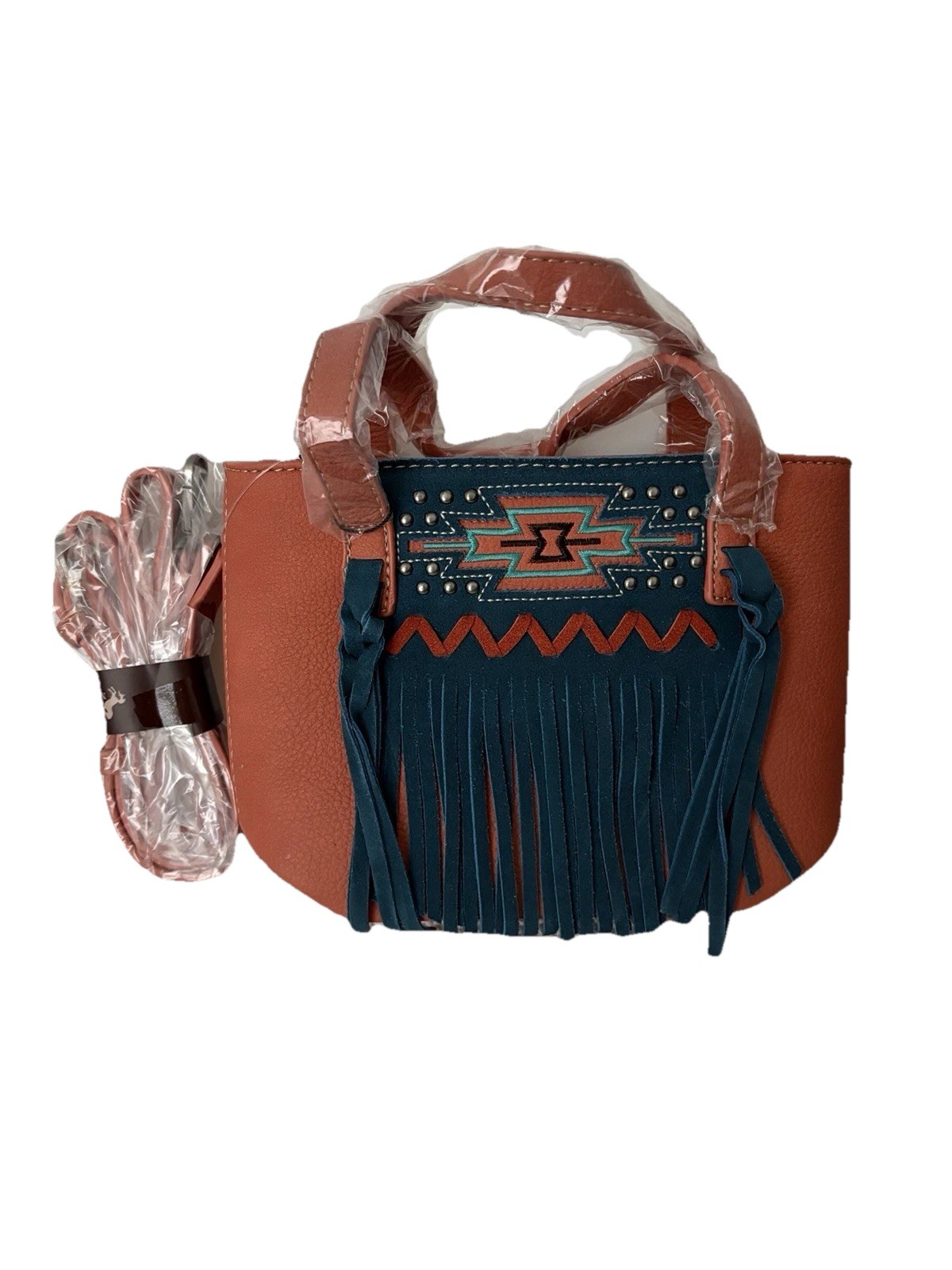 MW1214-923OR Montana West Aztec Orange & Blue Studded Bag Suede Tassels NWT