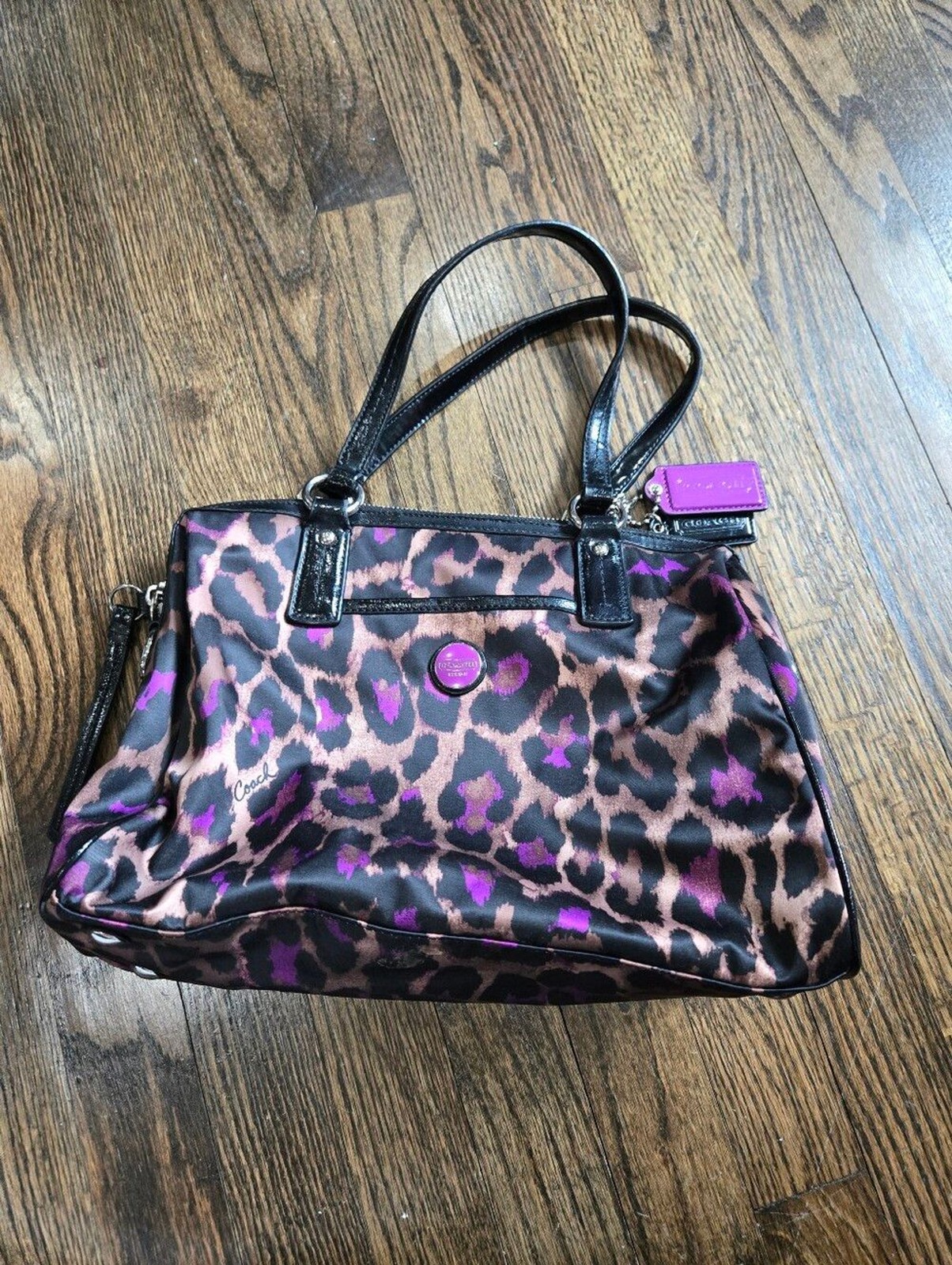 Coach Ocelot Leopard Print Satchel – Purple and Brown Nylon – See Description