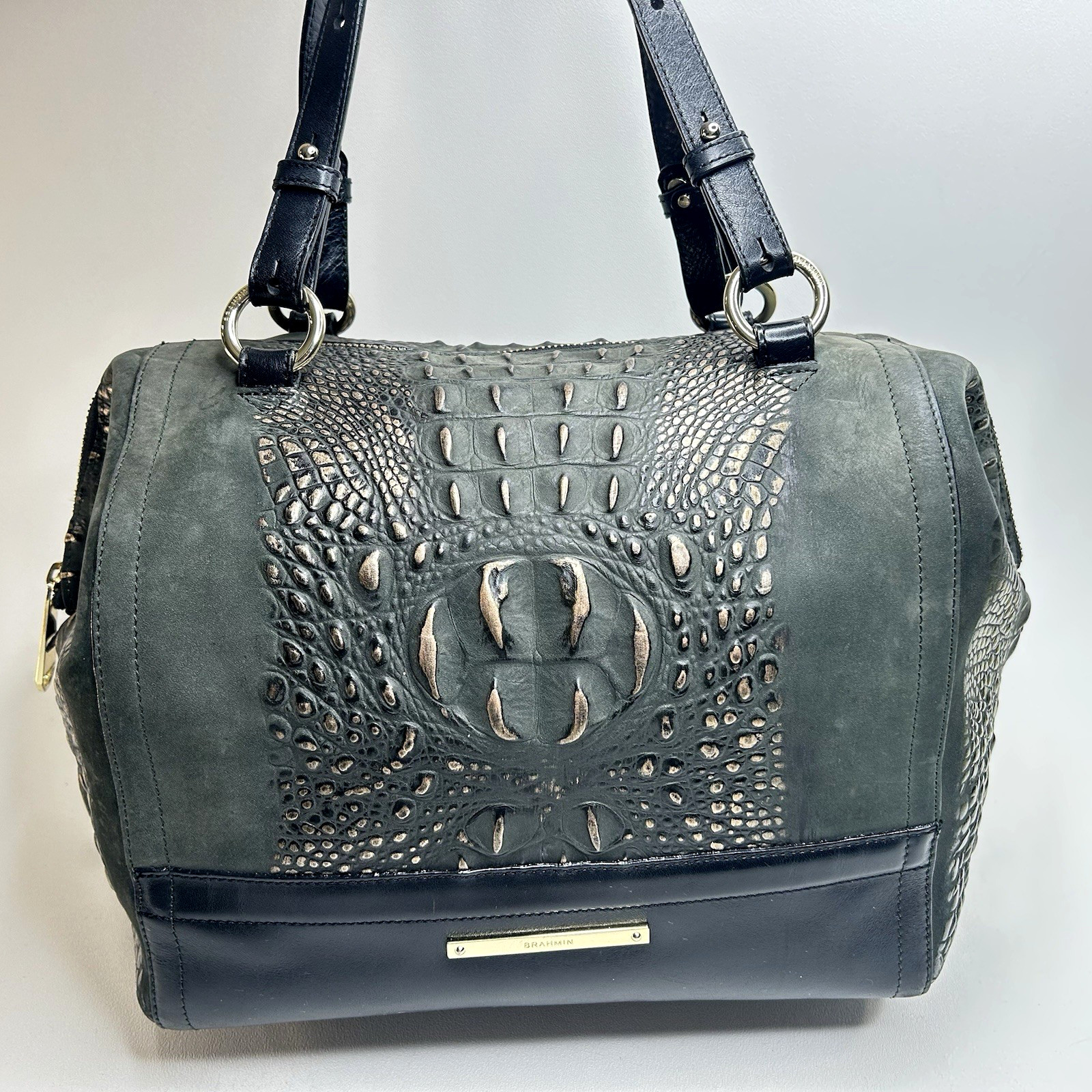 Rare Beautiful BRAHMIN Large Duxbury Satchel/Shoulder Bag Suede Leather Cinched