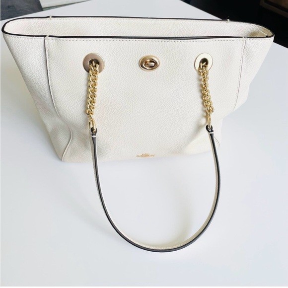 Coach Pebble Leather Turnlock Chain Tote Bag 27 in chalk white 57107