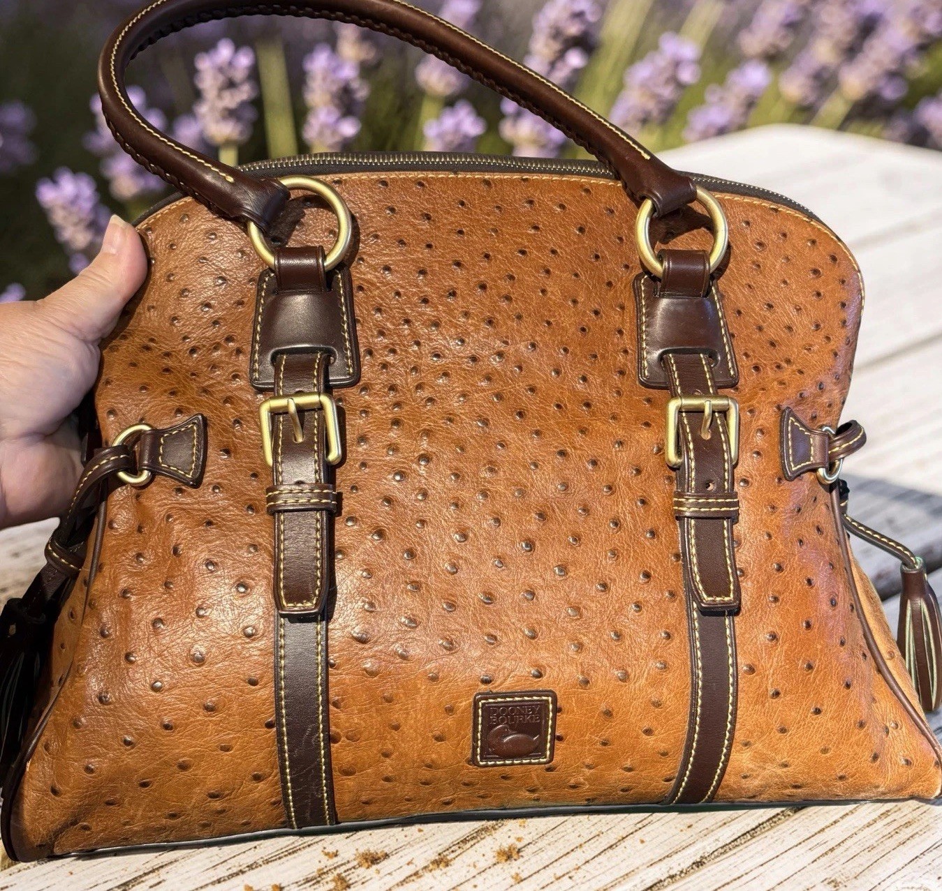 Dooney Bourke Chestnut Cognac Brown Ostrich Embossed Leather Large Satchel Bag