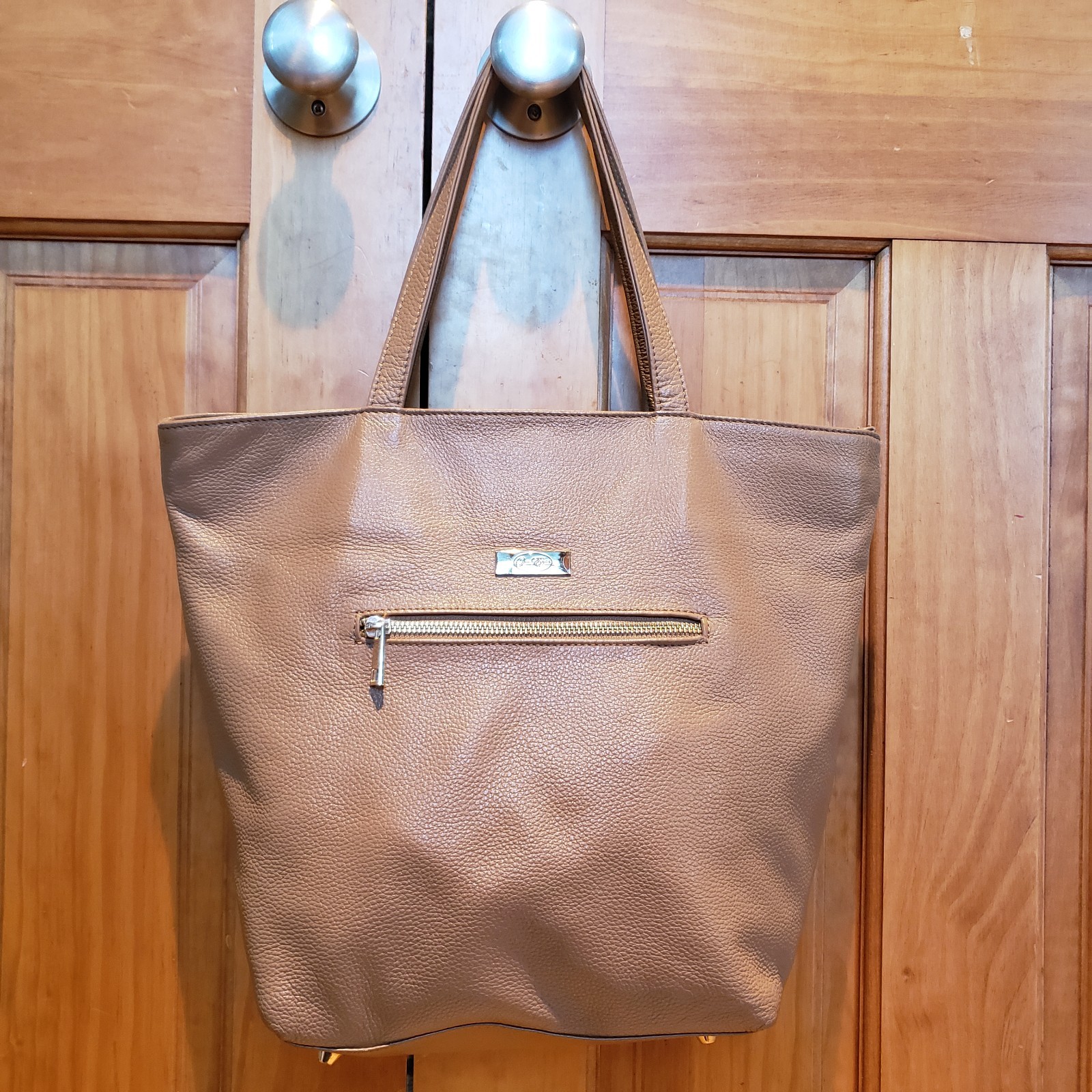 ONNA EHRLICH Tan Carrie Pebbled Leather Shoulder Tote Bag Gold Hardware