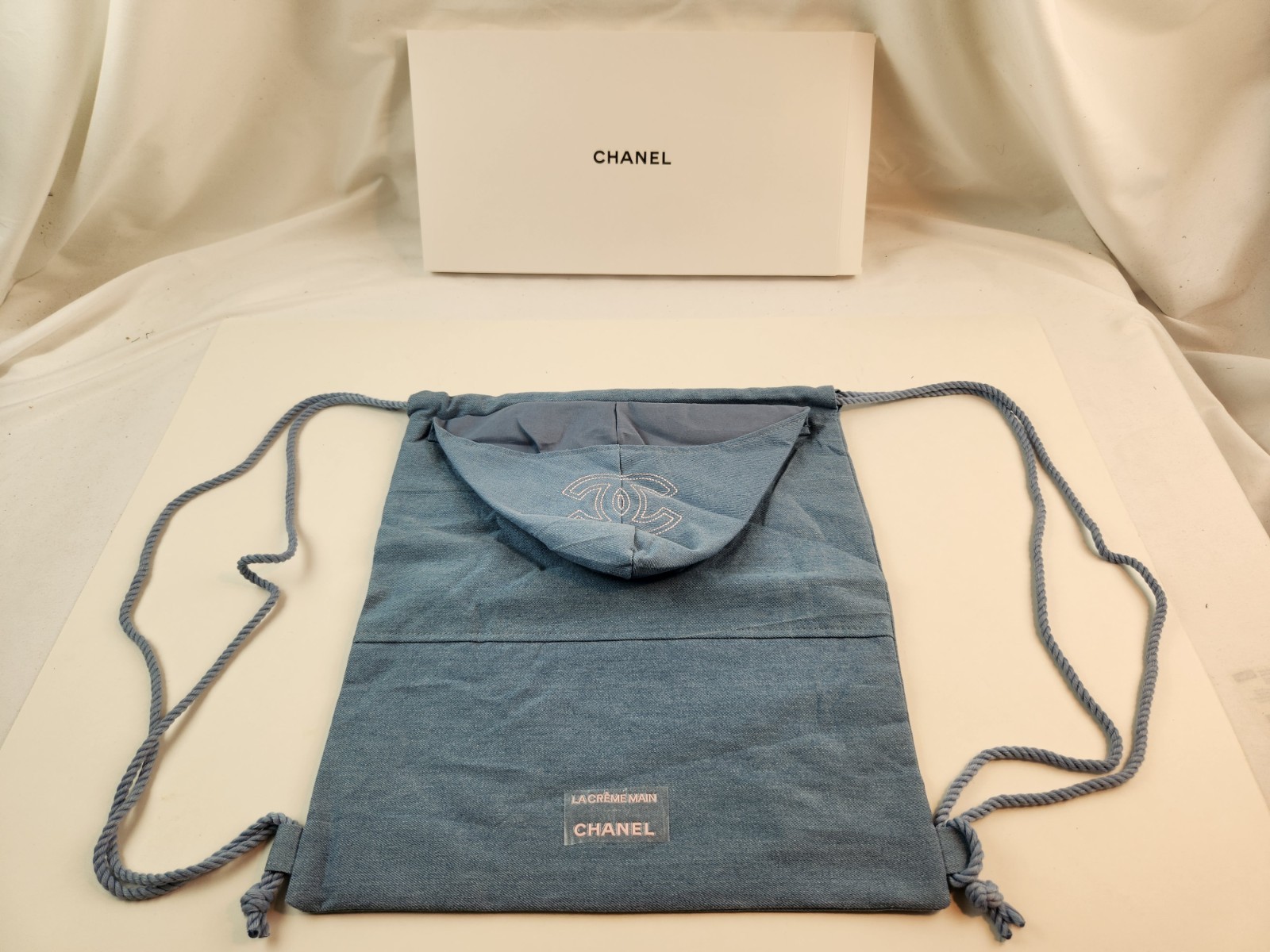 CHANEL Beauty Denim Drawstrings Backpack Pouch Bag La Creme Main Hoodie Shoulder