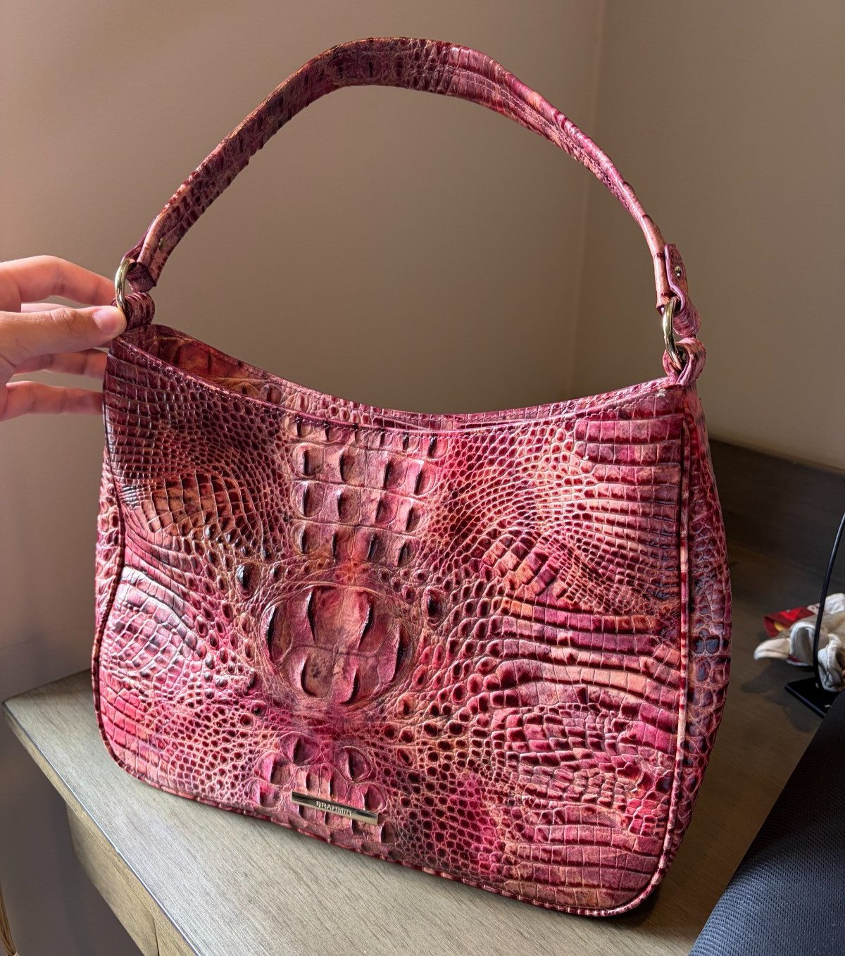 BRAHMIN Pecan Croc Embossed Leather Shoulder Bag Purse Brown Cognac Handbag