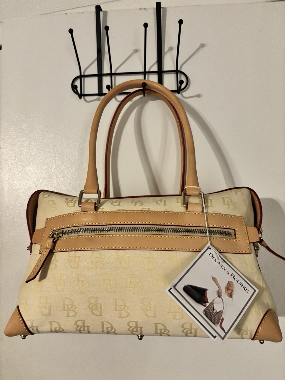 Dooney & Bourke Signature Anniversary Satchel Logo Zip Buckle Studs Tan/Beige