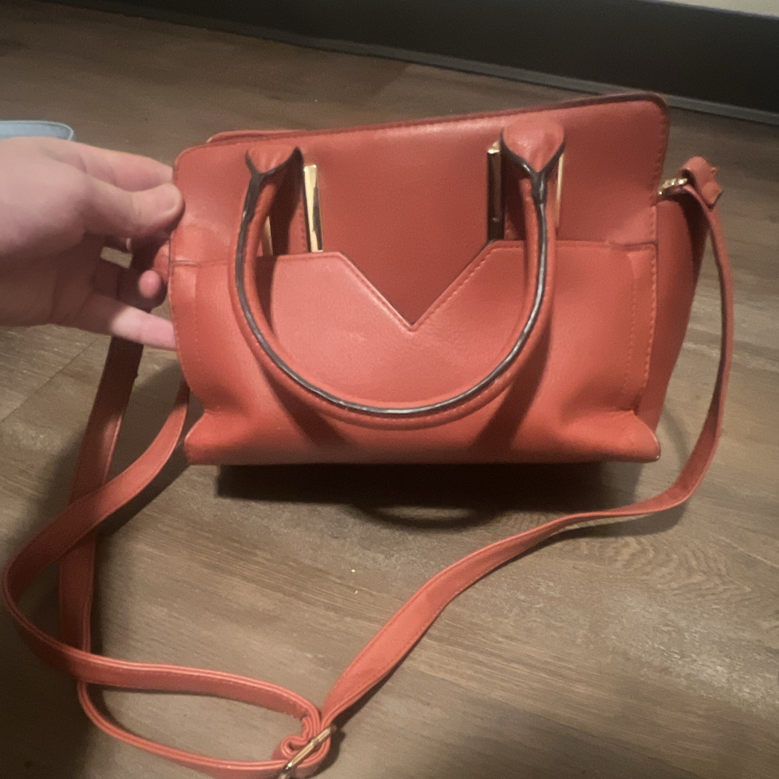 Orange Satchel Top Handle Zip Closure Detachable Crossbody Strap Gold Hardware