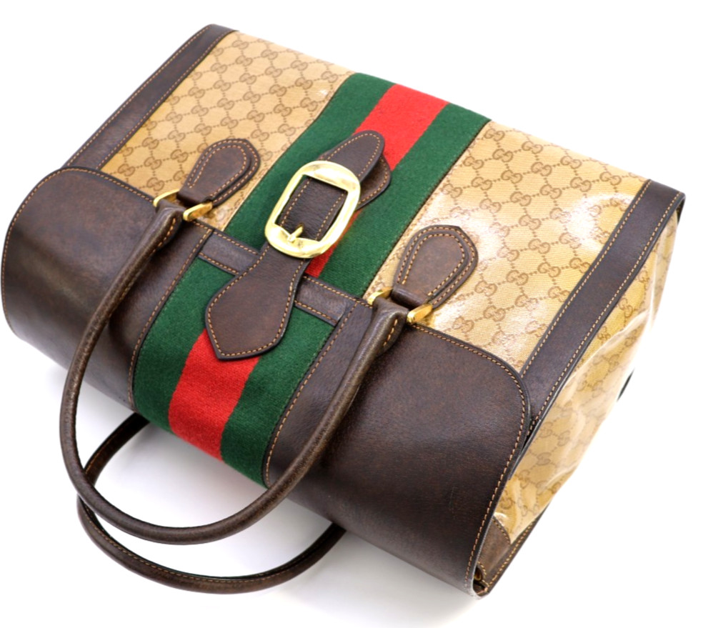 GUCCI VINTAGE Web Stripe Handbag Flap Canvas Brown Rare Authentic