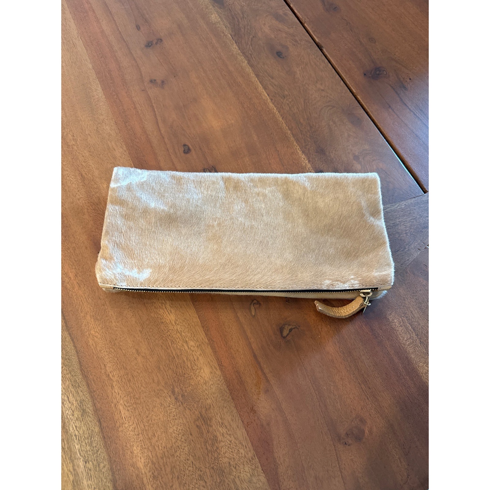 Clare Vivier Tan Calf Hair Foldover Clutch Bag Leather Gold Zip Pouch LA