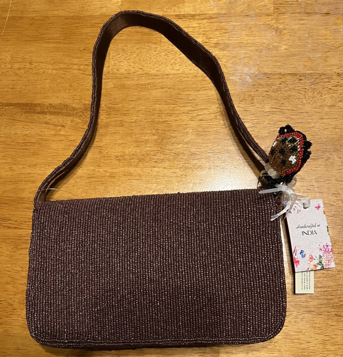 Viral Butterfly & Ladybug Brown Beaded Bag Made in India TJMaxx Marshall’s NWT