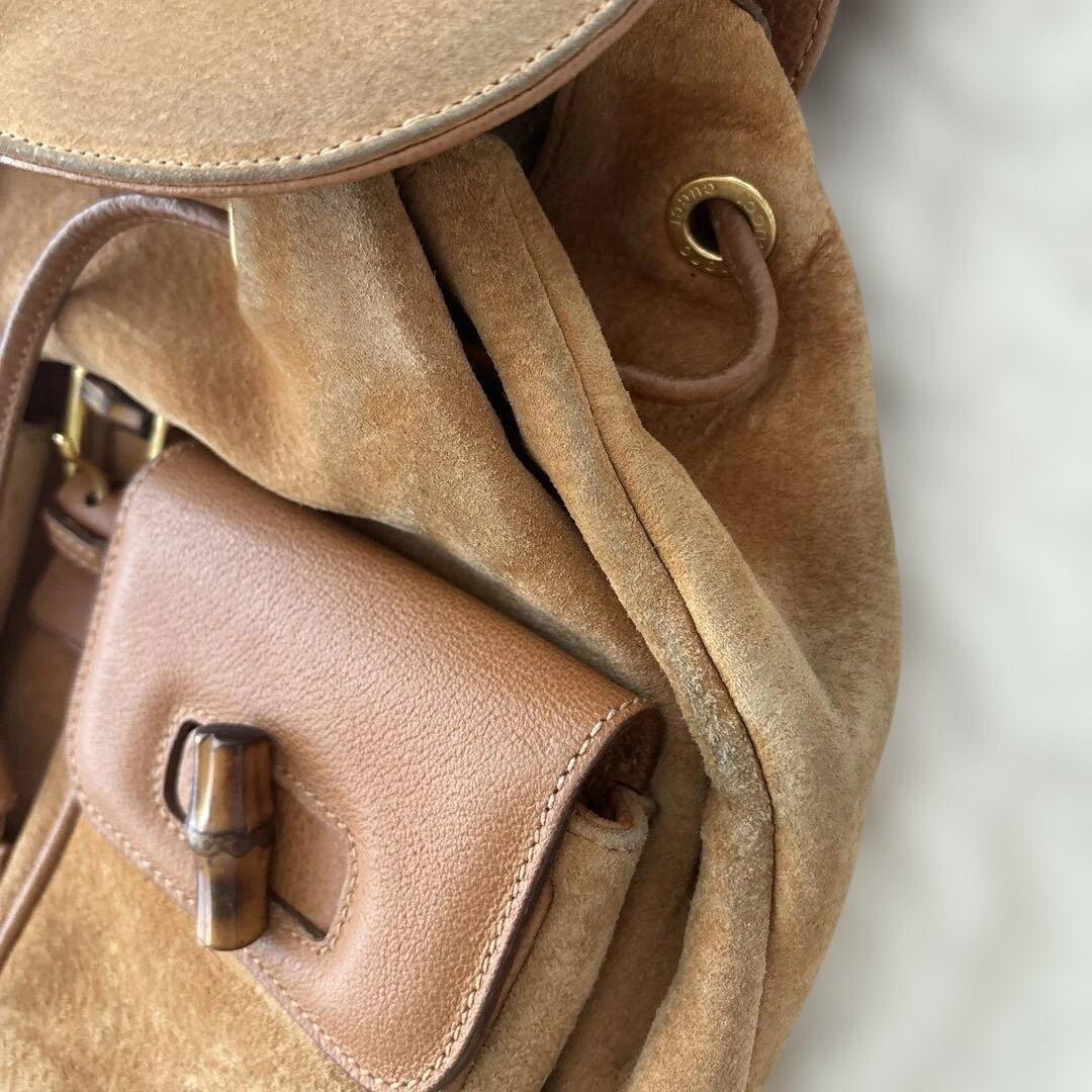 GUCCI Bamboo Suede Backpack Camel Gold Turn Lock Vintage Women Italy From Japan
