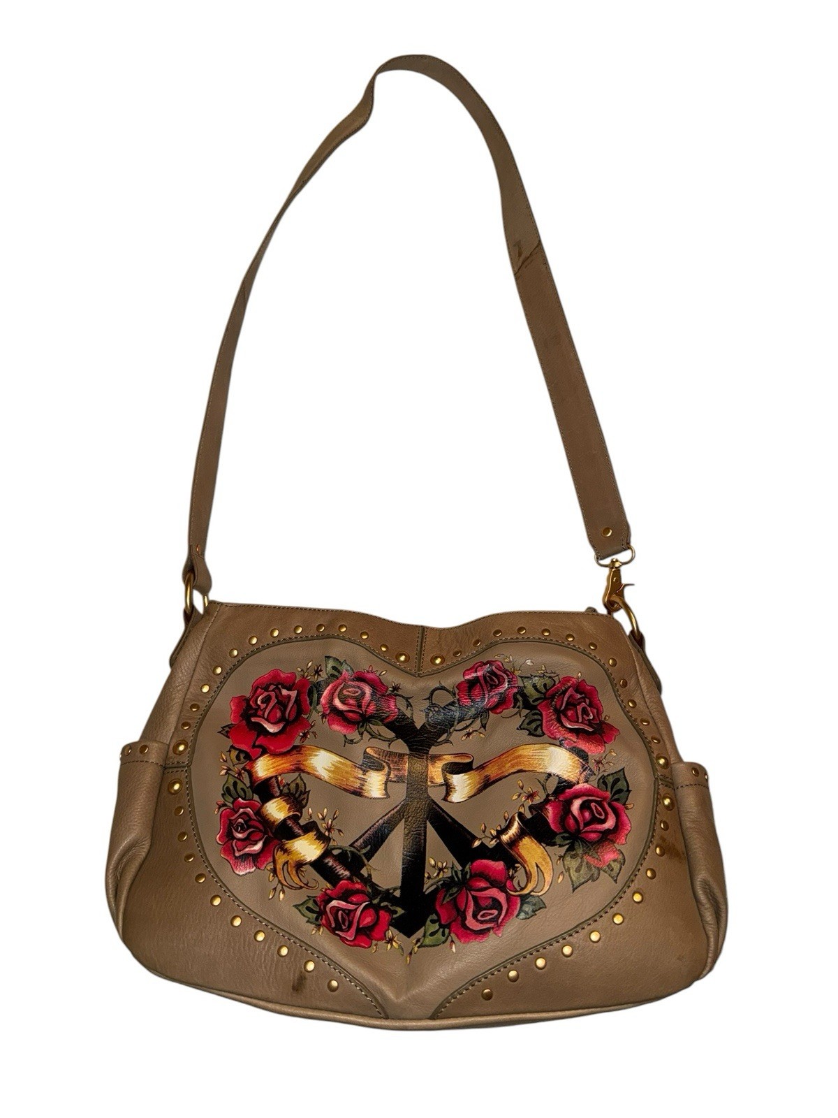 ISABELLA FIORE BAG Peace Love Roses design Yellow Leather Crossbody Purse RARE