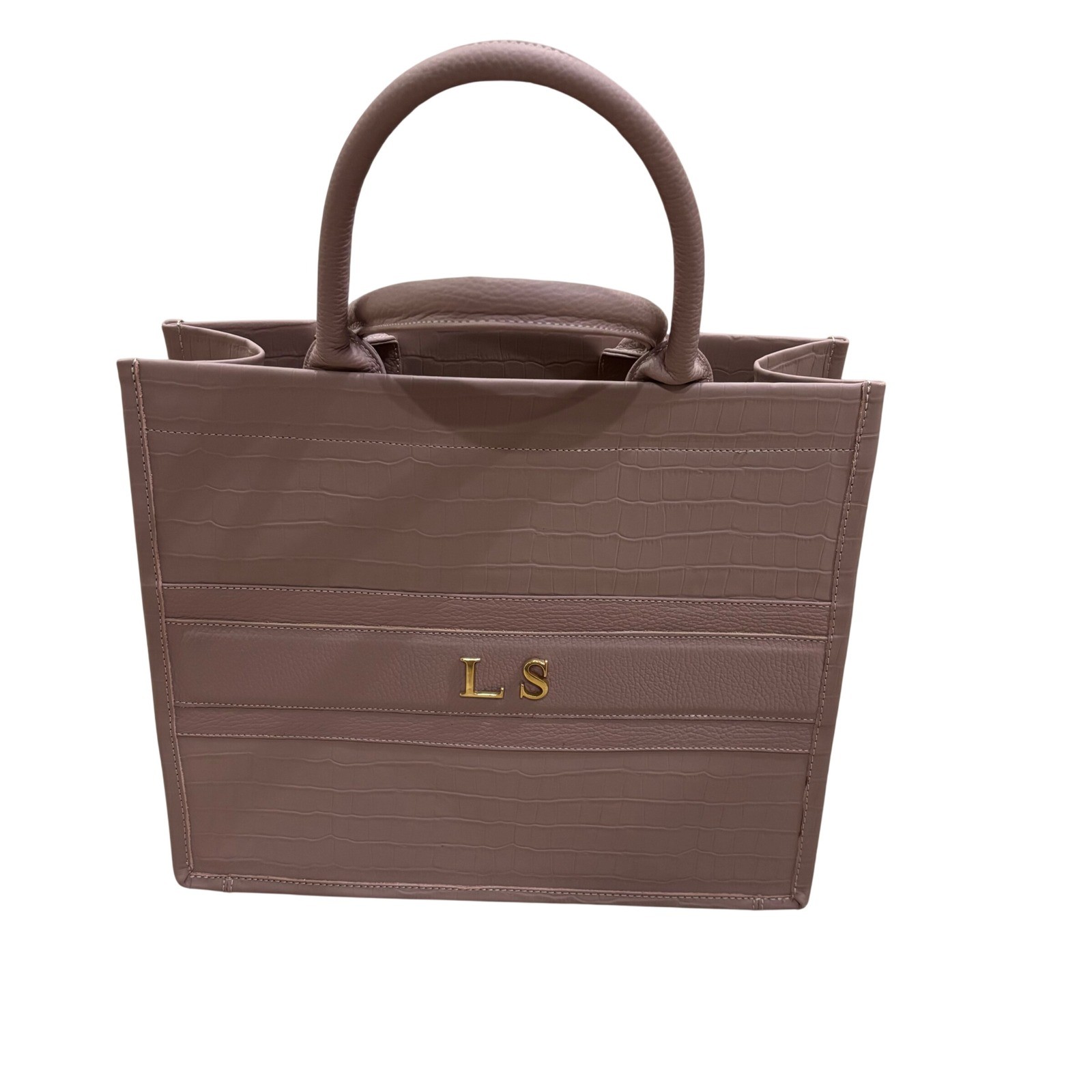 Palo Rosa Mauve Croc Embossed Leather Tote Bag LS Monogram Top Handle Bag