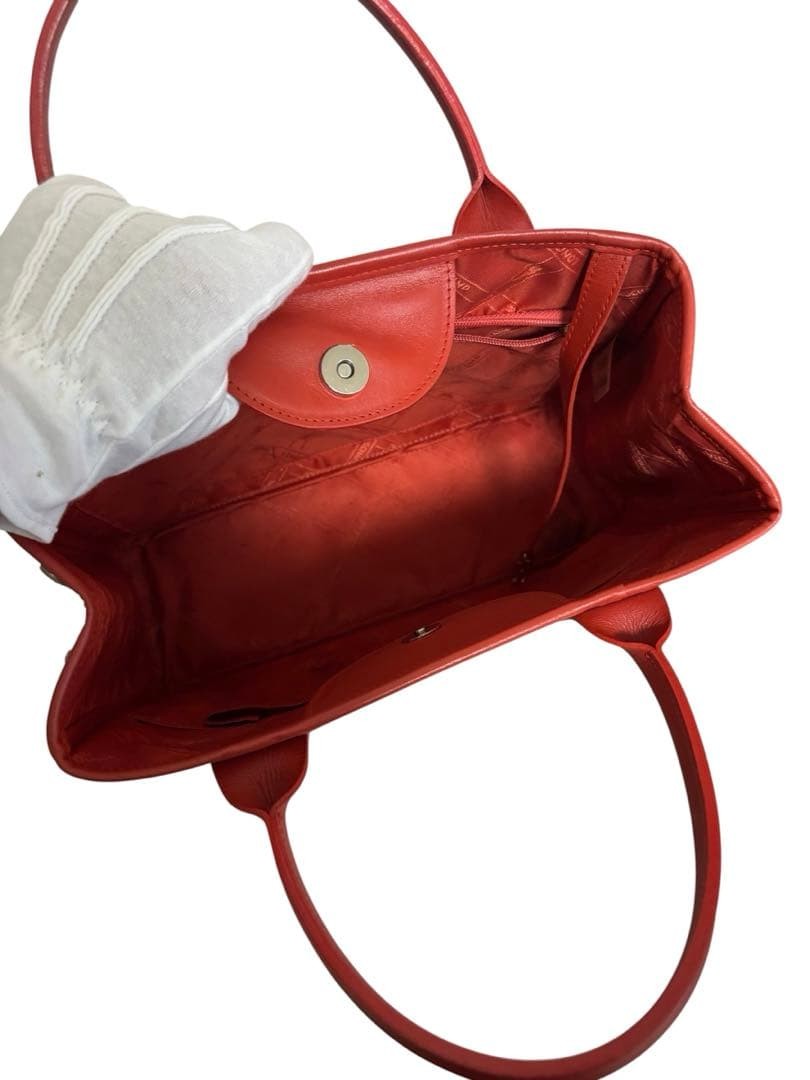 Longchamp Pebbled Leather Tote Red A4 Magnetic Button Embossed Horse Logo Auth
