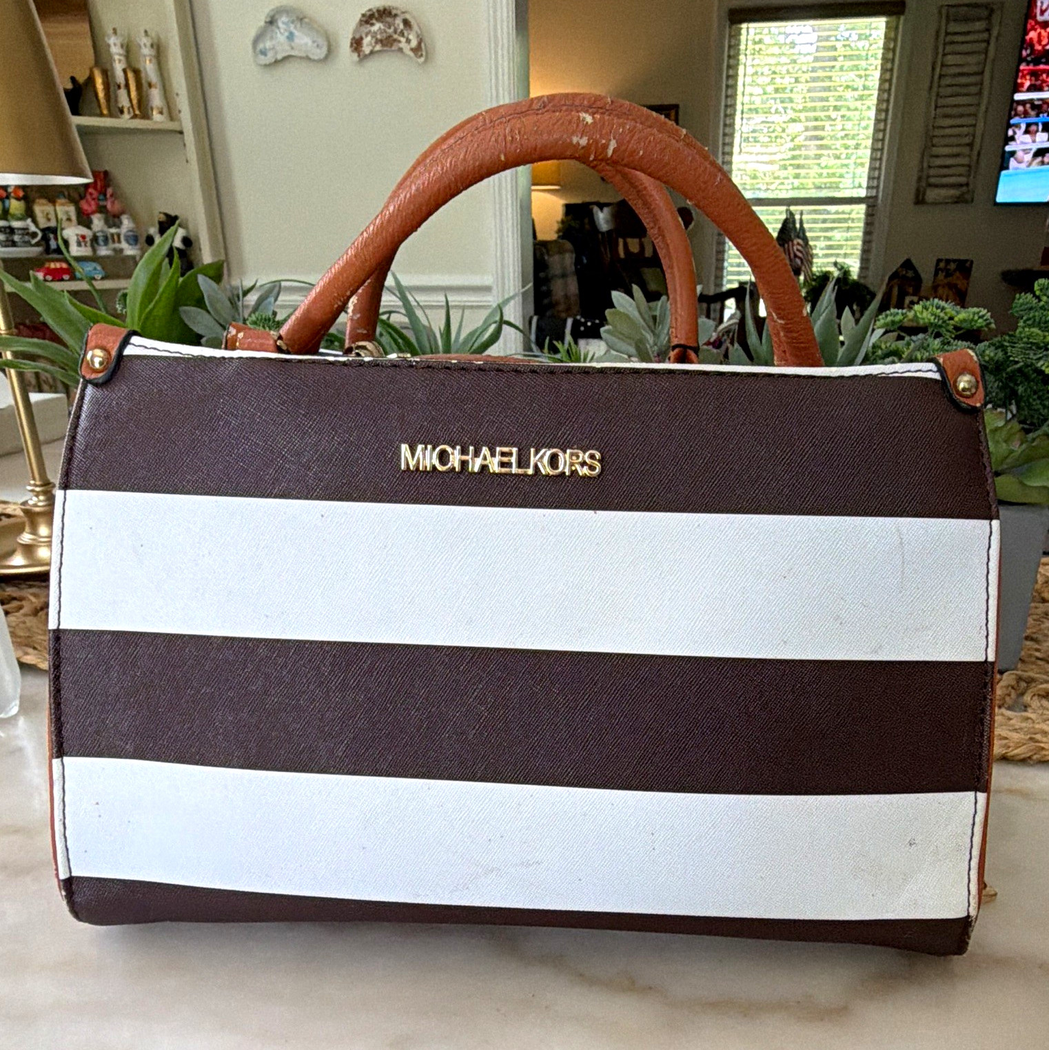 Michael Kors Brown/White Striped Satchel Zip Gold HW project bag – needs love