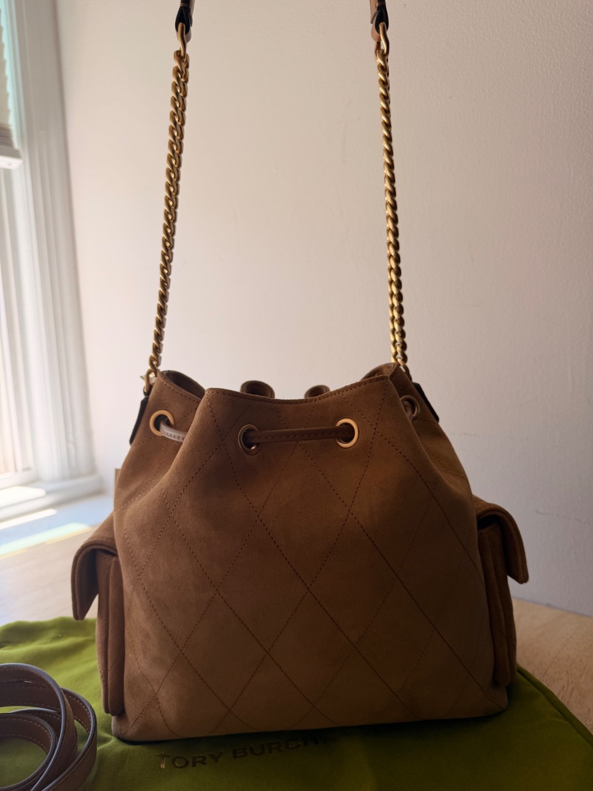 Tory Burch Charlie Quilted Drawstring Shoulder Bag Small Suede Toffee