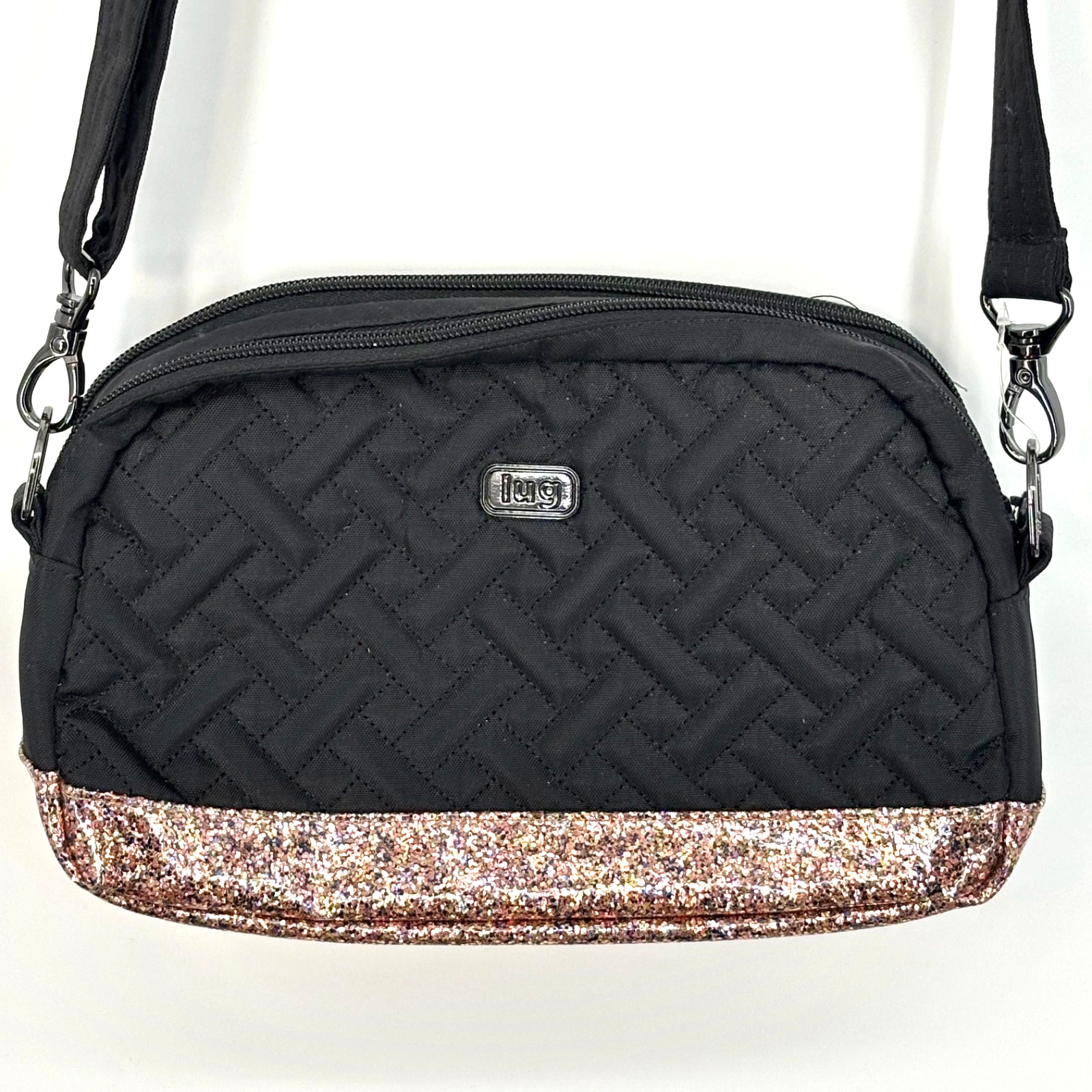 Lug Punter Womens Crossbody Bag Purse Black Rose Gold Glitter Removable Strap