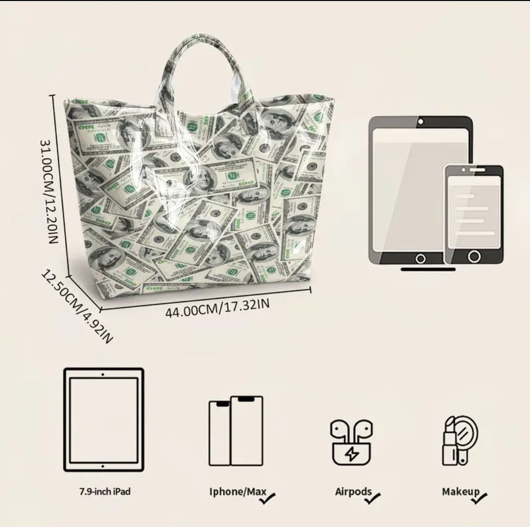Women’s White Green Black Money Print Rectangle Tote Bag Double Handles