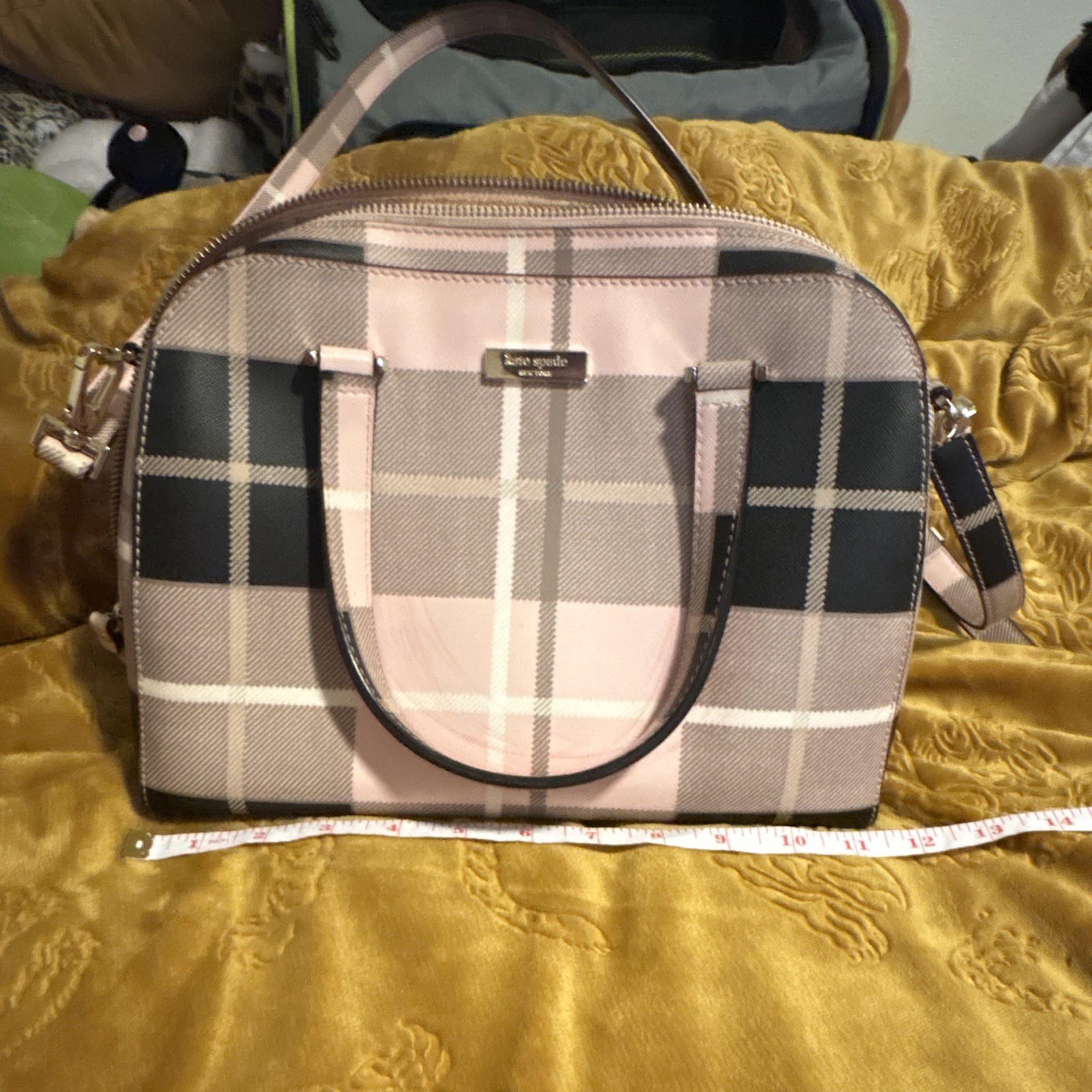 Kate Spade New York Plaid Zip Satchel Top Handle Bag w/ Detachable Strap