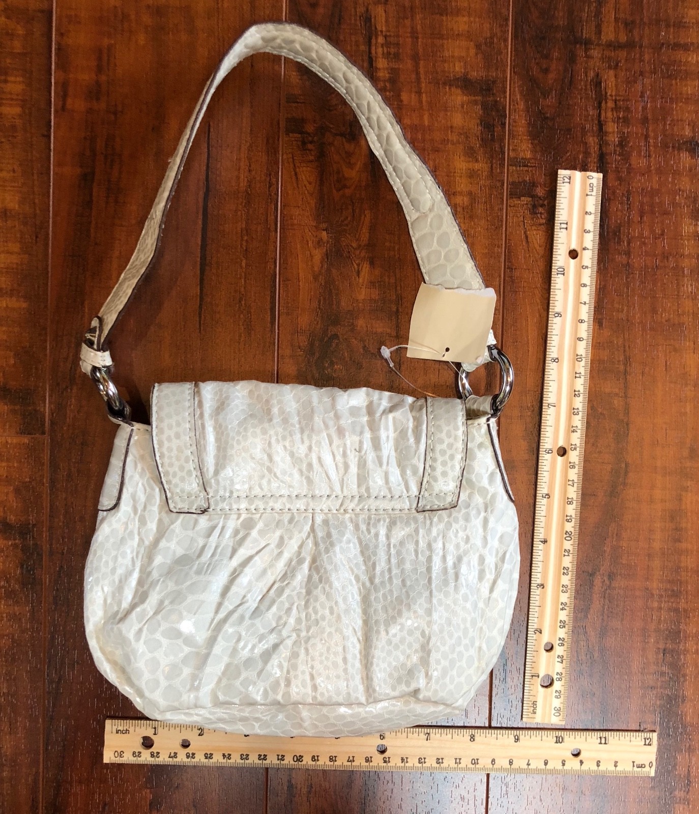GUESS Winter White Ivory Snake Print VEGAN Handbag Tote Shoulder Baguette Purse