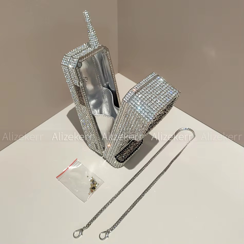Cellphone Shaped Crystal Evening Bags Women Gorgeous Boutique Rhinestone Metalli