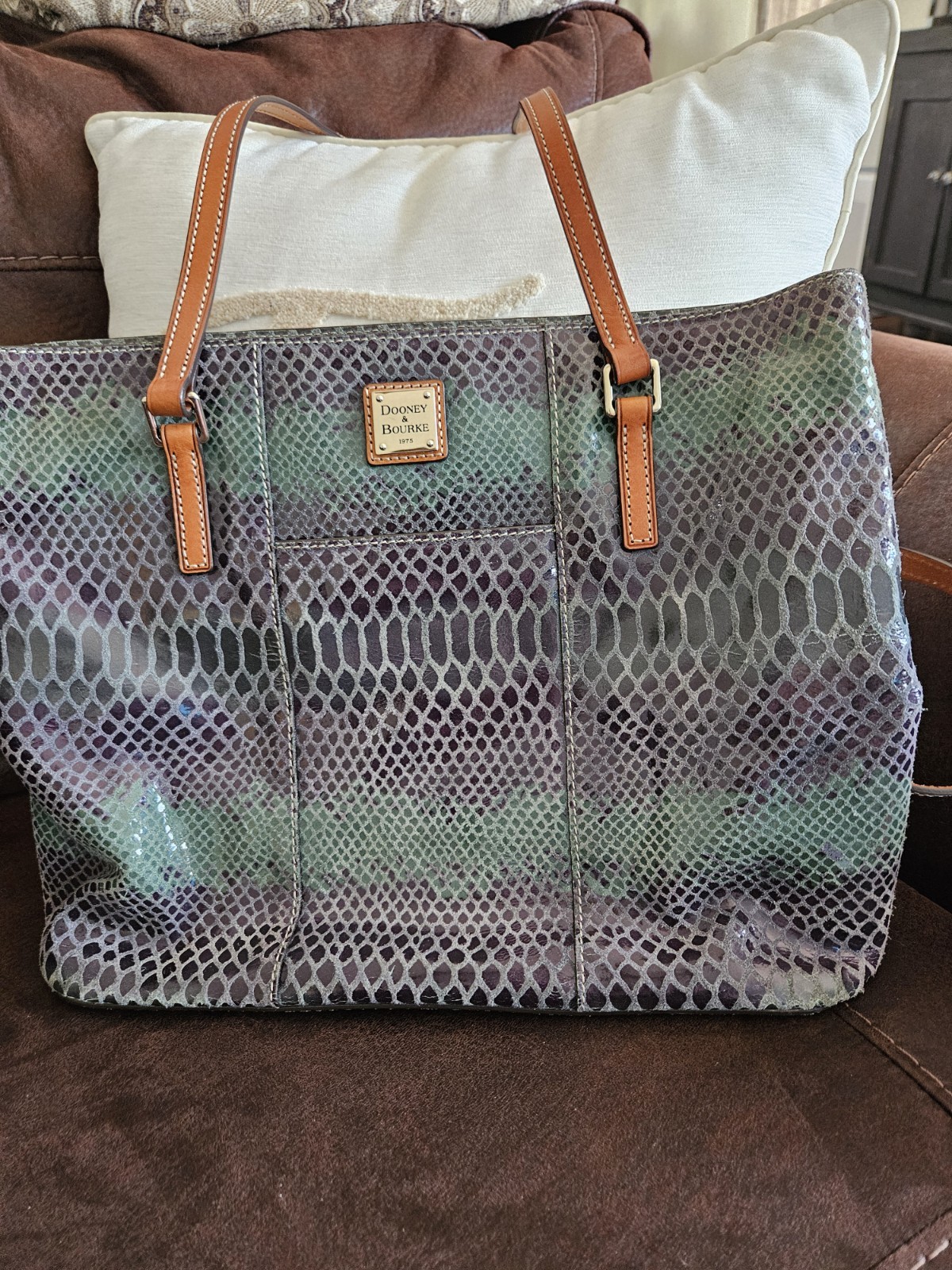 Dooney & Bourke Snakeskin Tote Shoulder Bag Zip Brown Leather Straps Red Lined