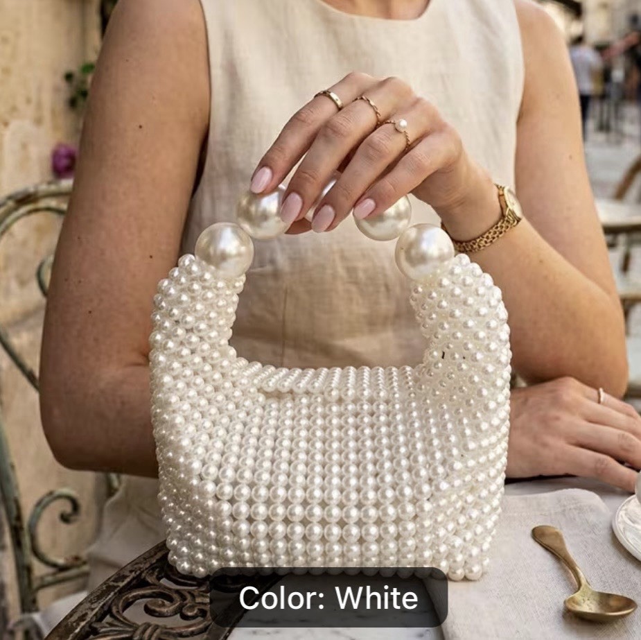 ELEGANT White Pearl Beaded Top Handle Bag, Solid Rectangle Handbag Purse NEW
