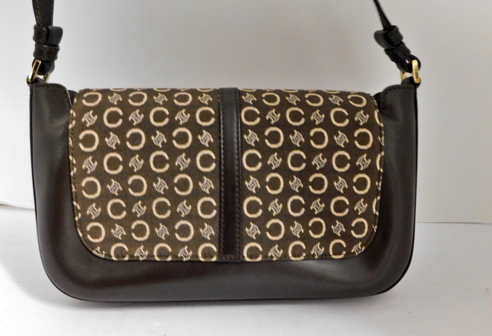 CELINE Paris Macadam Shoulder Bag Hand Bag Brown Logo Fabric Leather Italy