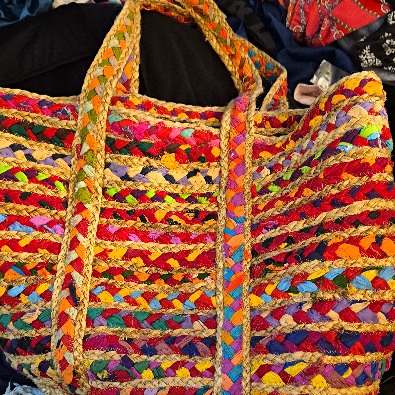 Multicolor Woven Braided Women’s Tote Bag, Double Handles, Casual Rectangle