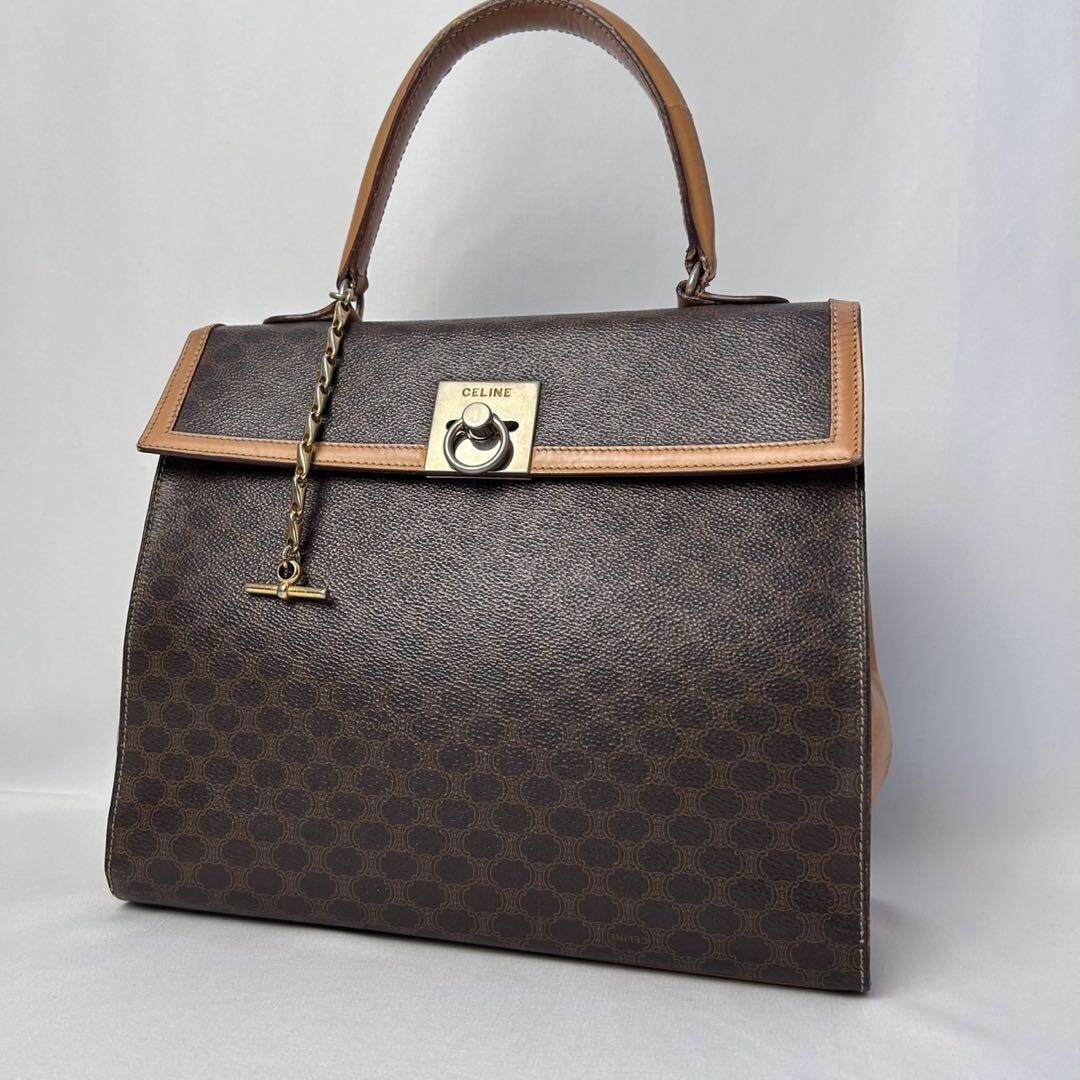 CELINE Top Handle Bag Macadam Triomphe Brown Vintage Authentic From Japan