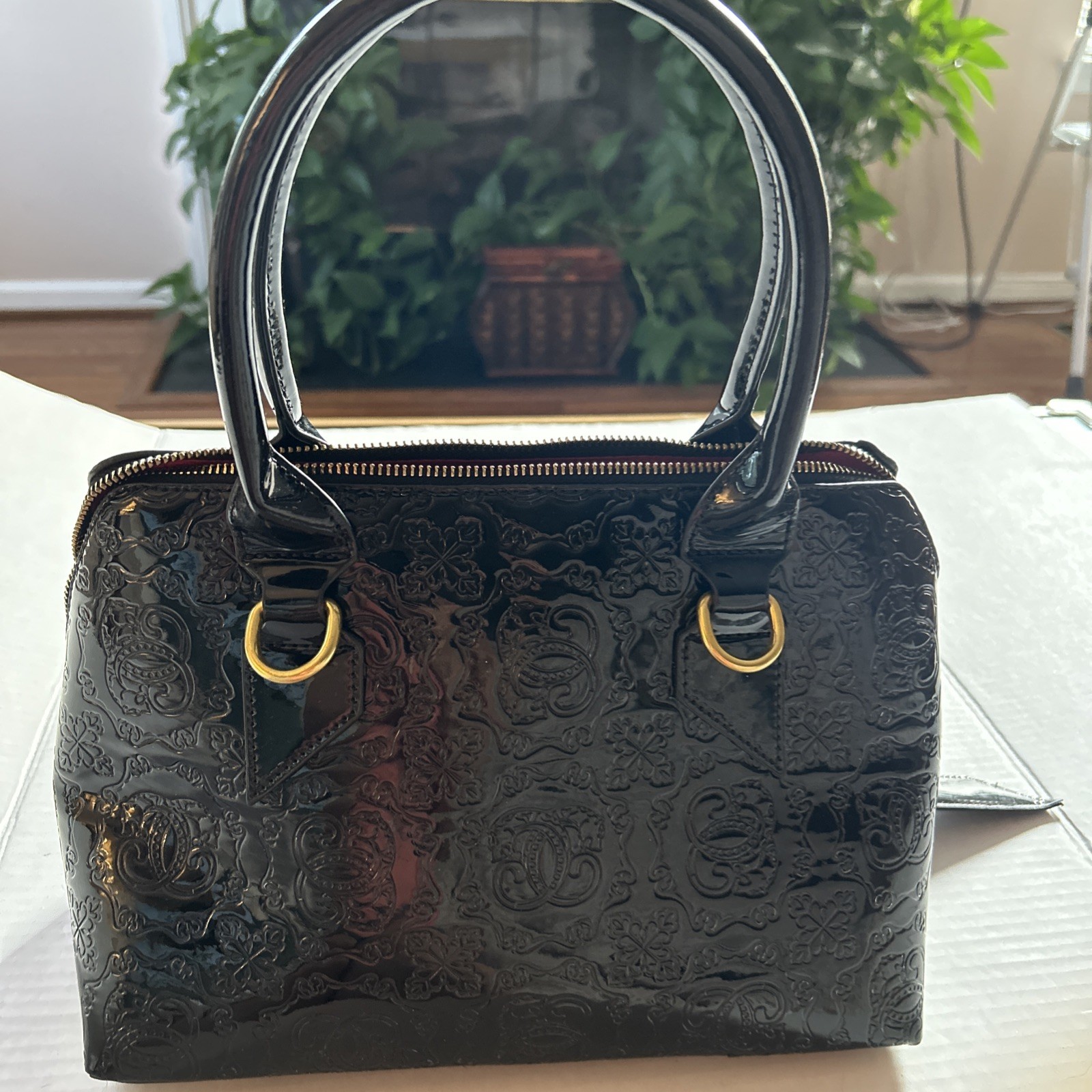 Sharif 1827 Black Patent Leather Satchel Handbag W/ Baroque Style Print Preowned