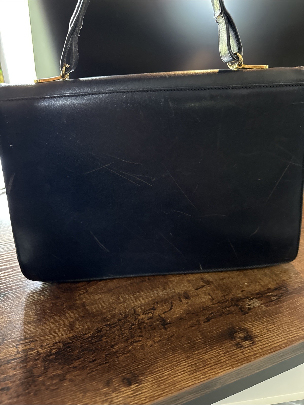 Vintage Pierre Cardin Navy Blue Leather Top Handle Handbag 11″x8″