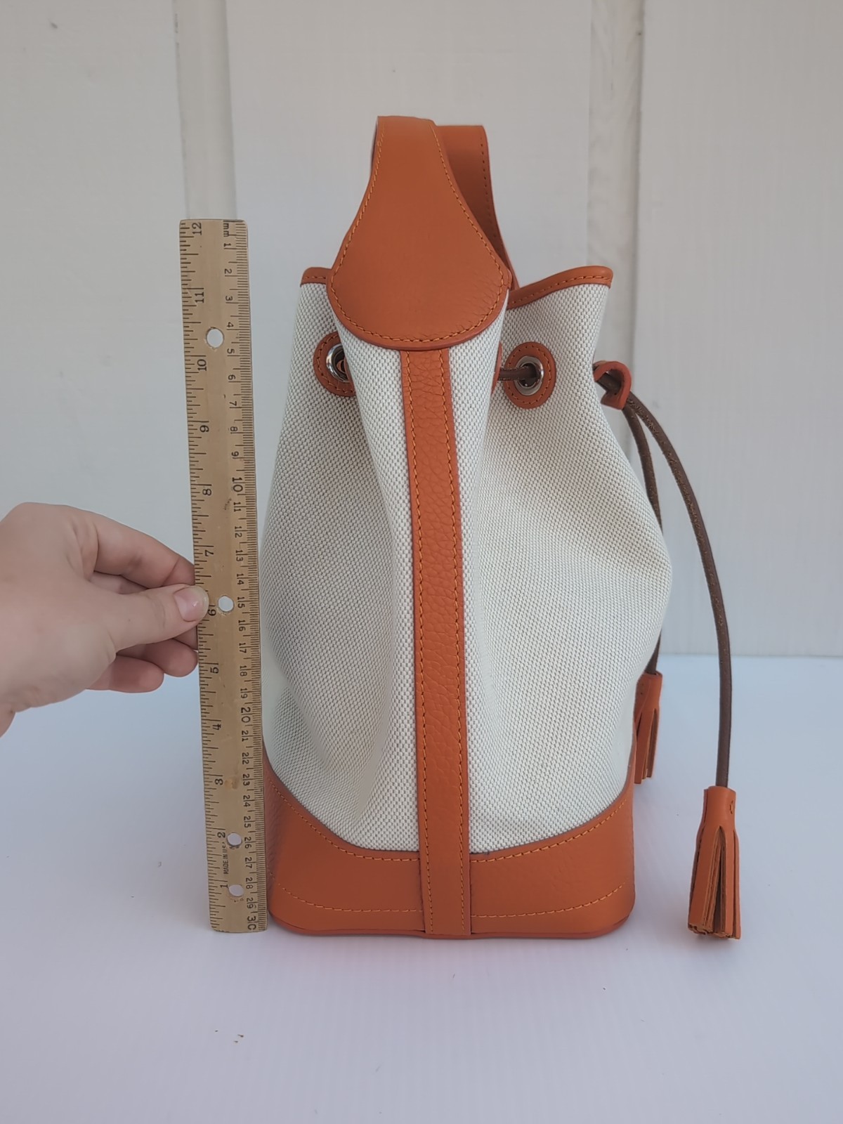 Oncour French Leather Drawstring Bucket Bag Beige Orange