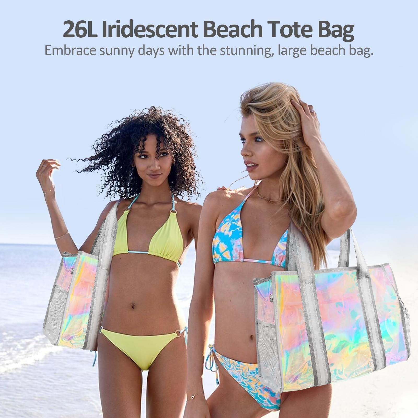 Beach Bag 26L Large Iridescent Waterproof Beach Tote Bag for Women with Zippe…