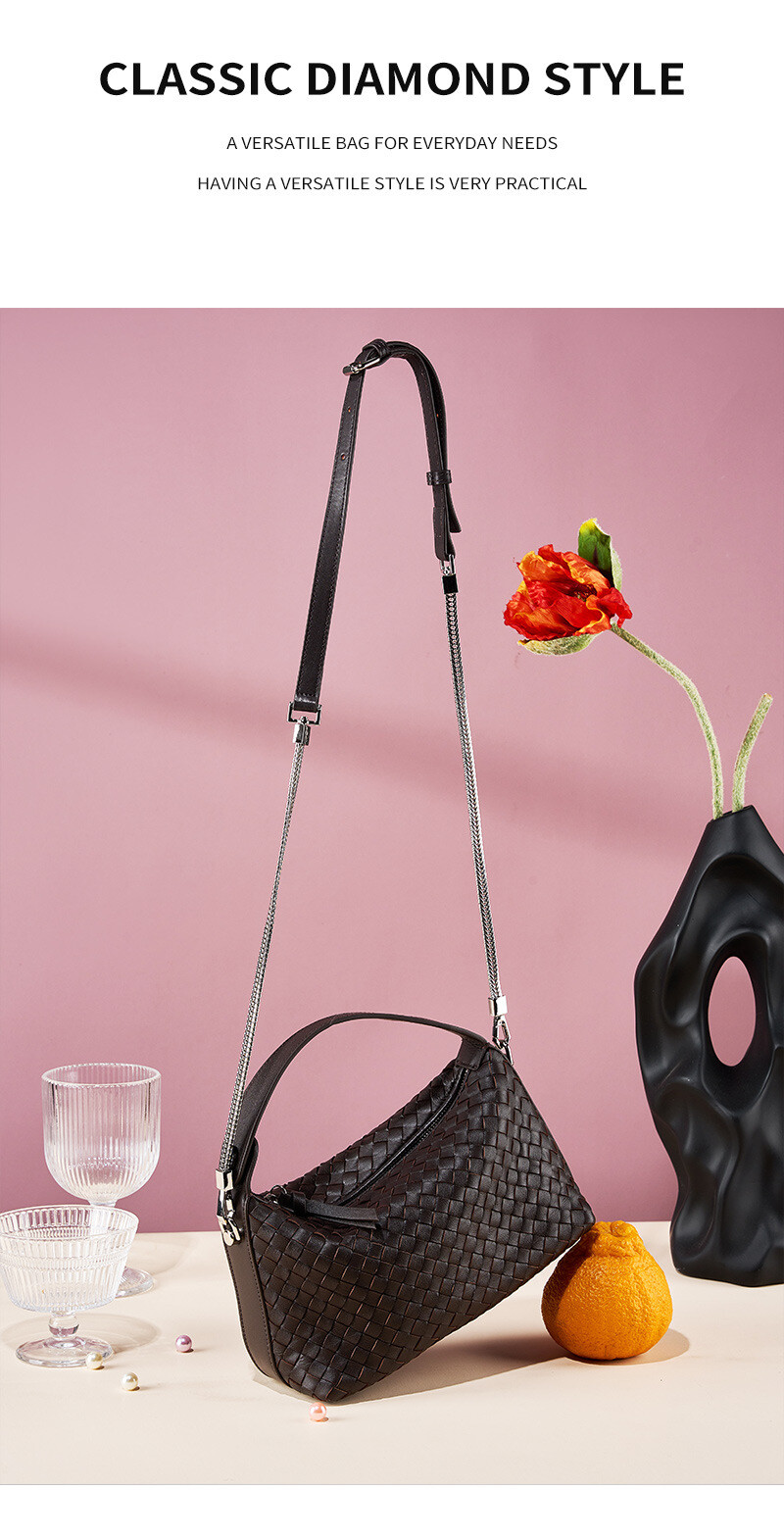 Genuine Leather Chain Shoulder Bag Women’s Handbag Woven Bag Sheepskin Purse