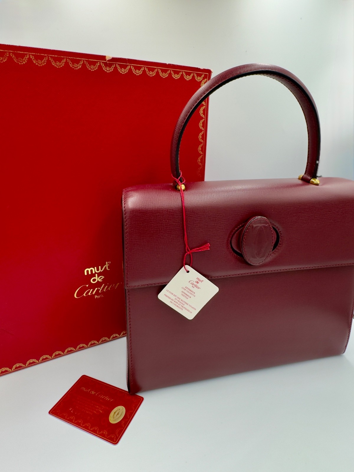 AUTHENTIC Must de Cartier Vintage Burgundy Leather Top Handle Bag w/ Box & Card