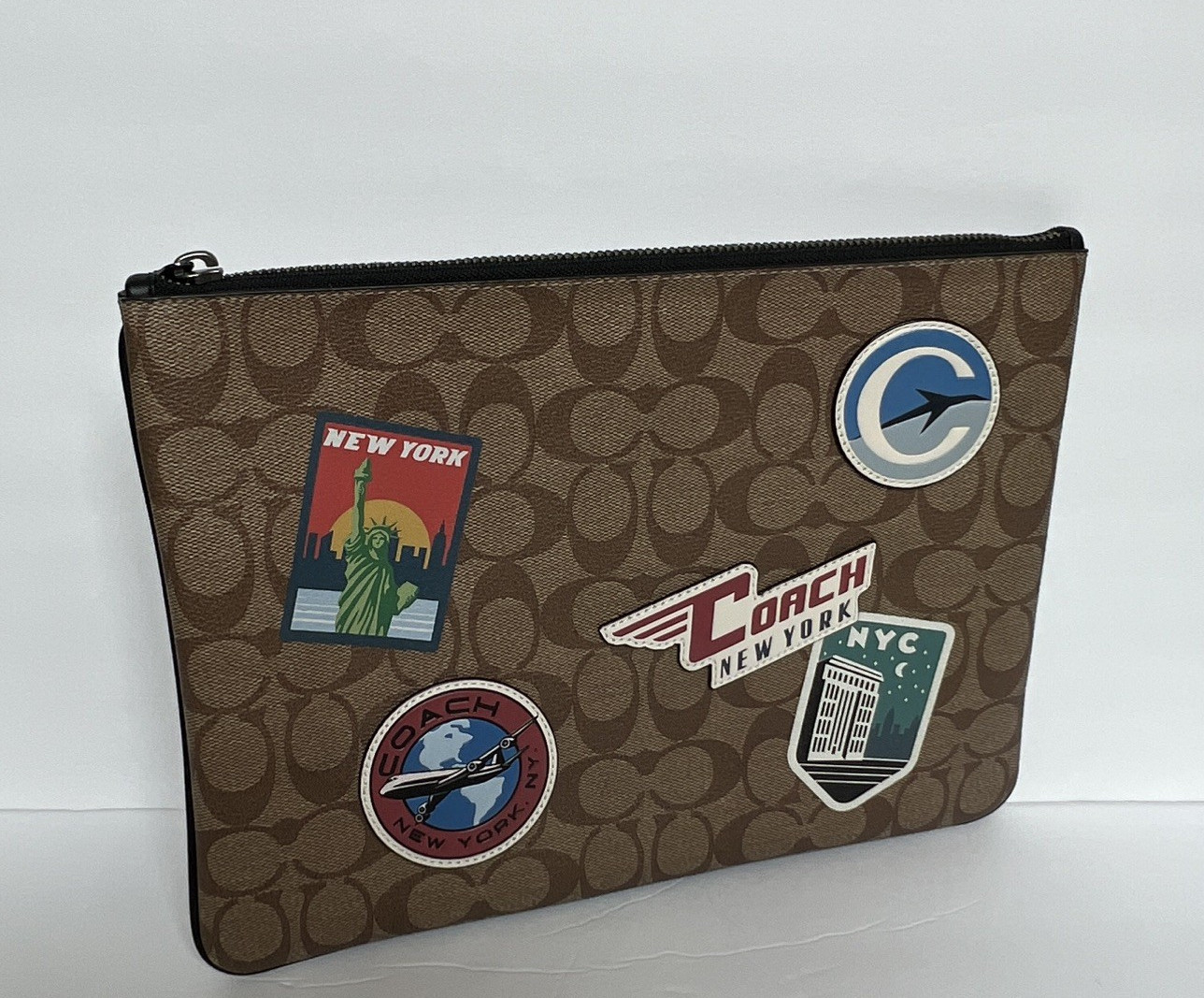 Coach Brown Signature Logo Zip Clutch Pouch, Applique, Lined, Pockets