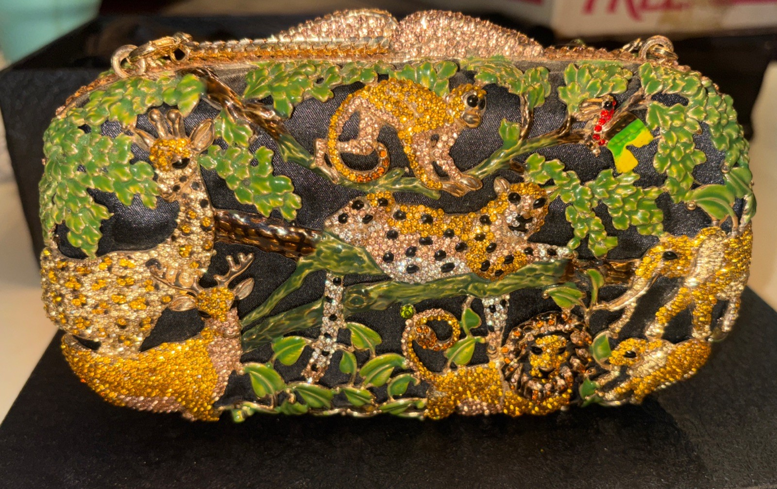 Fabulous Charles Dary Swarovski Crystal Enameled Jungle Clutch Leopard Purse