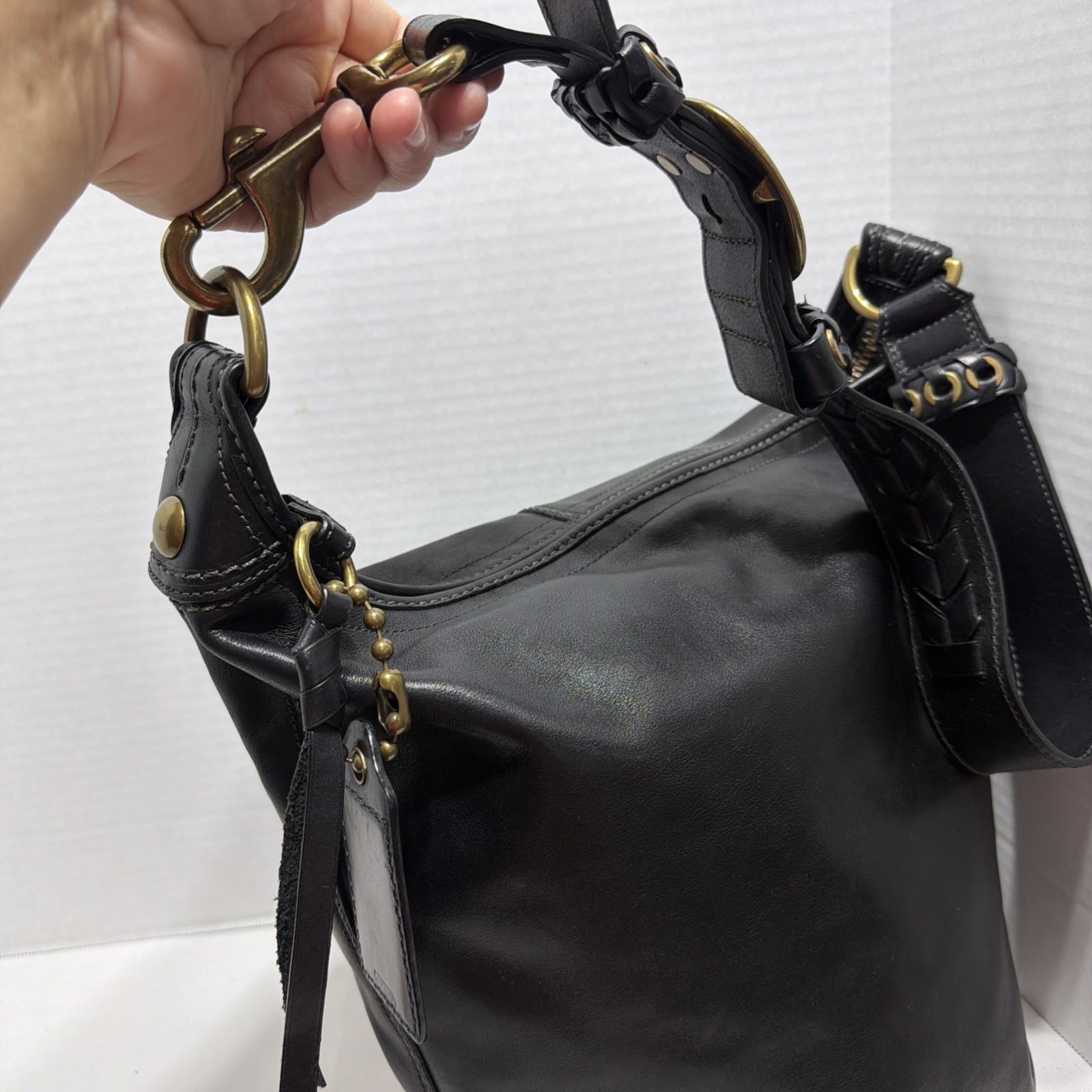 COACH 11423 Bleecker Tattersall Large WOMEN BUCKET Duffle Shoulder Black Bag