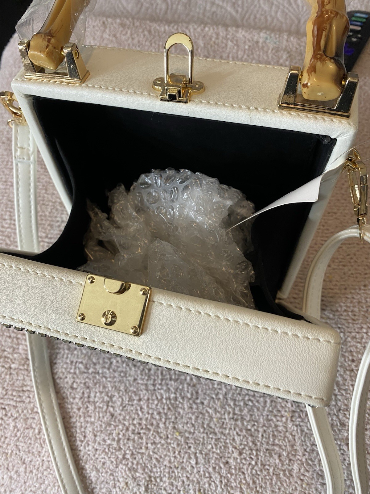Los Angeles Pop Art White Rhinestone Graphic Top Handle Bag Gold Hardware