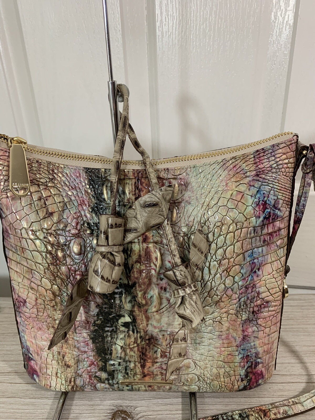 NWOT RARE BRAHMIN ROSES ONLY LEATHER FOB PURSE CHARM CLAY GRAY