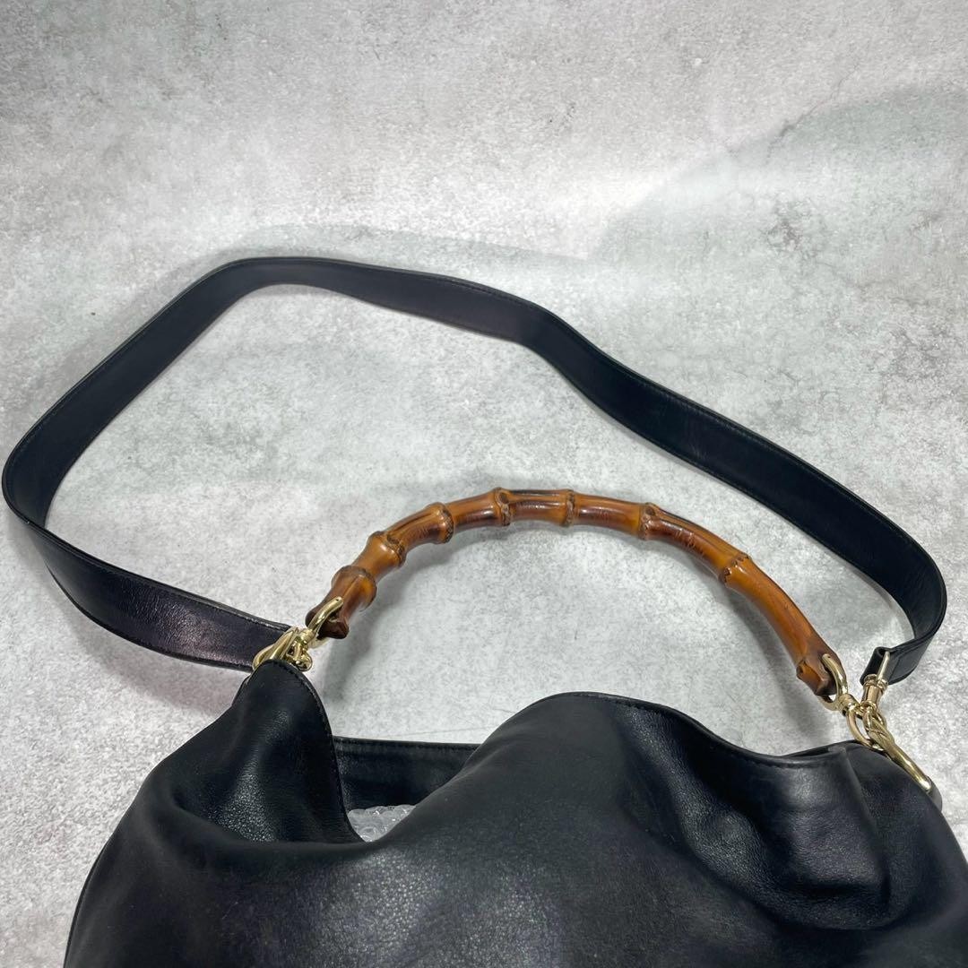[EXC] GUCCI Bamboo 2-Way Shoulder Bag Black Leather Gold Vintage : From JAPAN