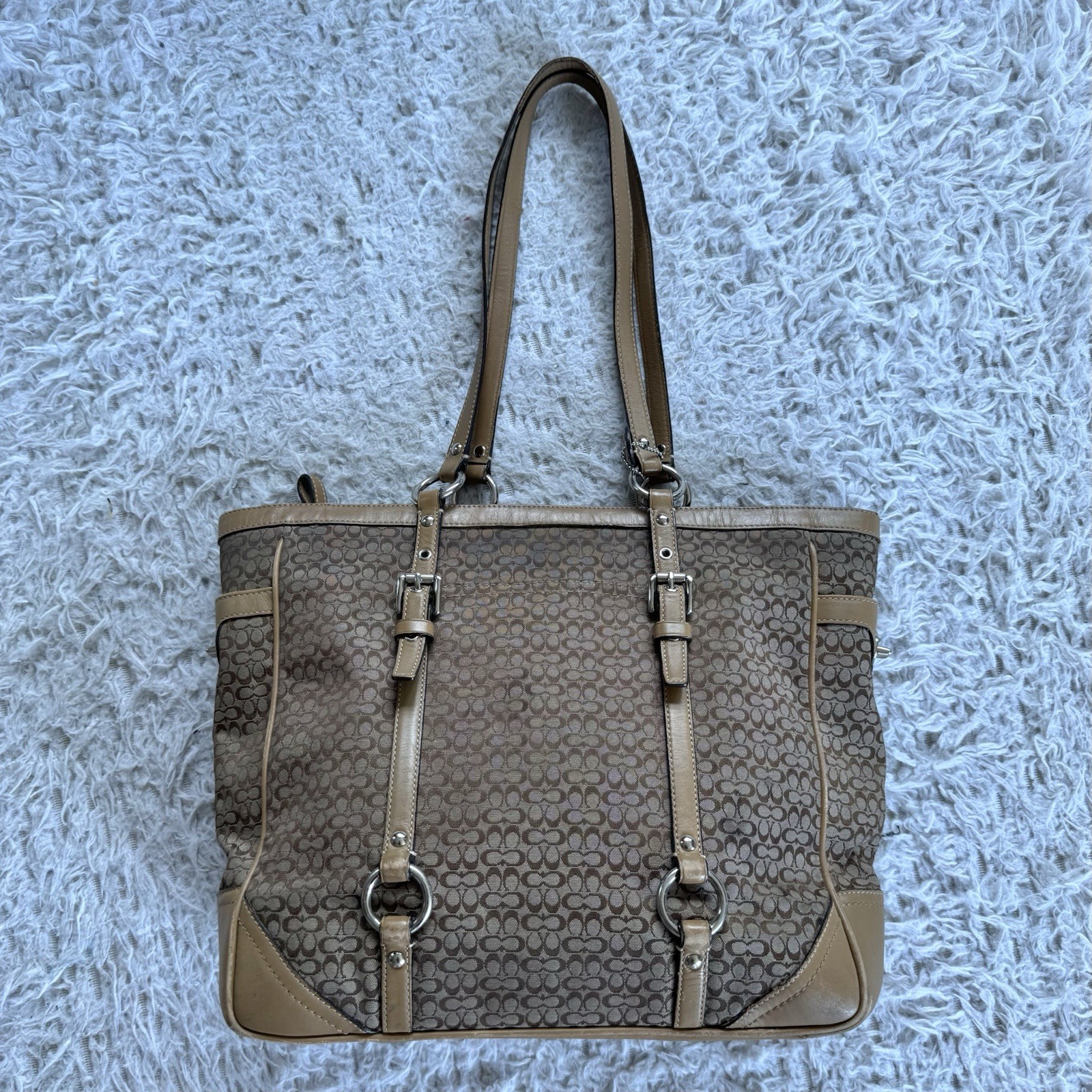 Coach Vintage Signature C Leather Tote Shoulder Bag Brown Tan Buckle Purse Y2K