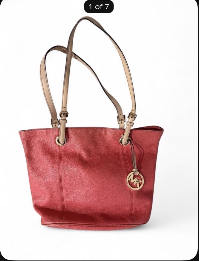 Michael Kors Pebbled Leather Tote Shoulder Bag Red/Coral with Gold MK Charm