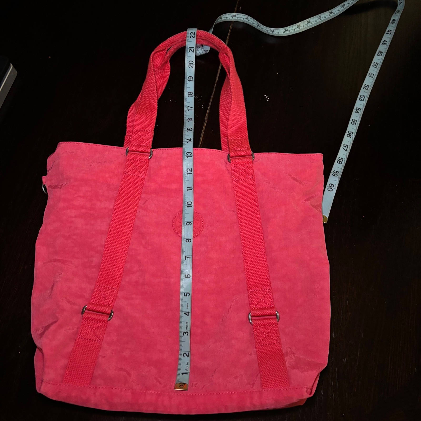 Kipling Kyoko Crinkle Nylon Tote Bag Coral Pink Monkey Keychain Lightweight