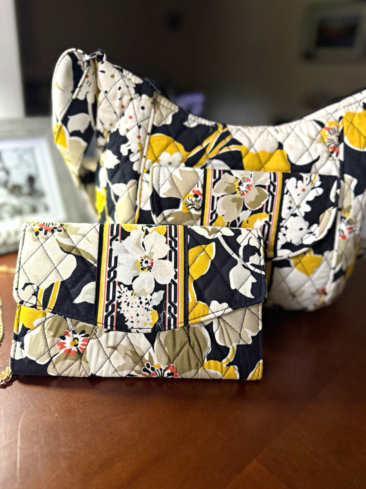 Vera Bradley Quilted Floral Shoulder Bag Gold Chain, Matching Pouch