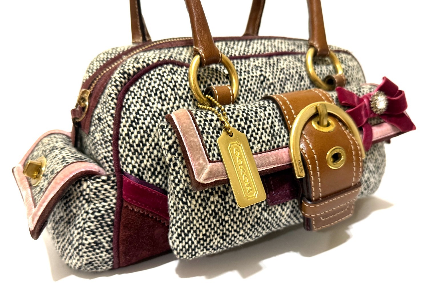 RARE COACH LTD VINTAGE Y2K SOHO TWEED SUEDE SWAROVSKI BOW TOTE BAG SATCHEL 8F03