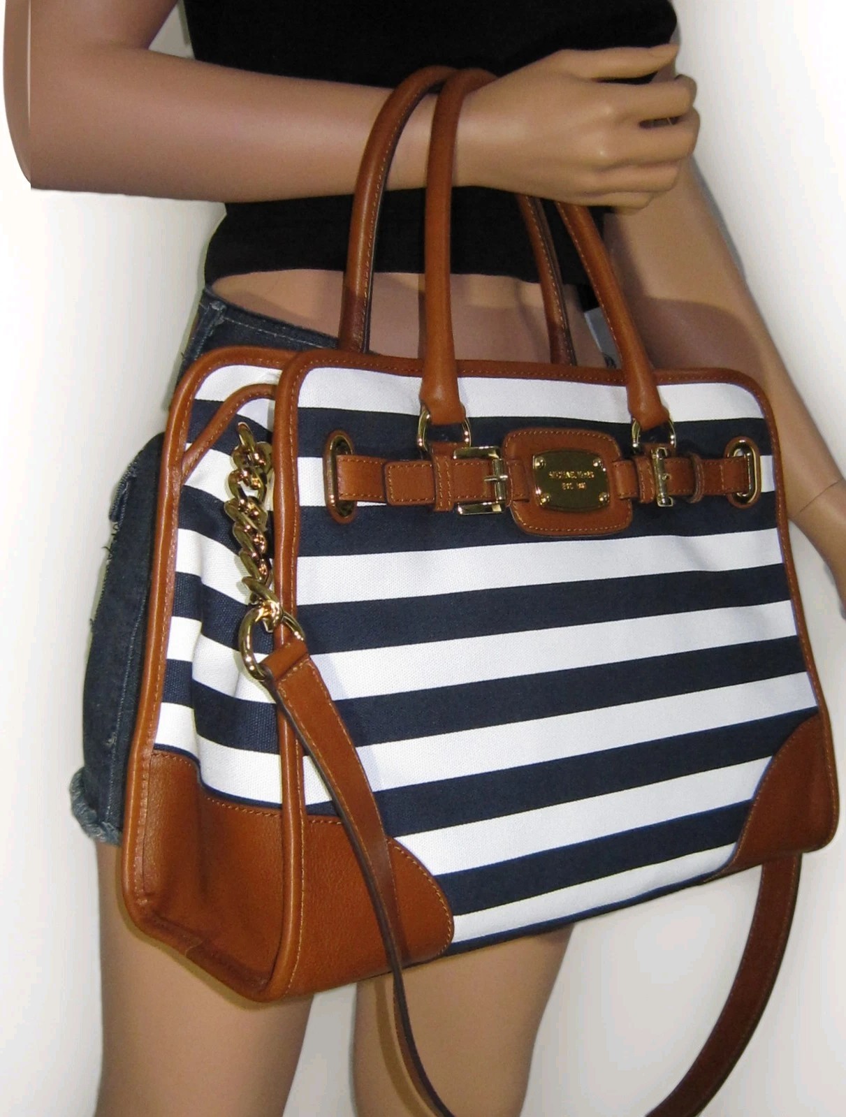 🌞MICHAEL KORS HAMILTON LARGE NAVY BLUE WHITE STRIPE BROWN LEATHER TOTE BAG🌺NWT