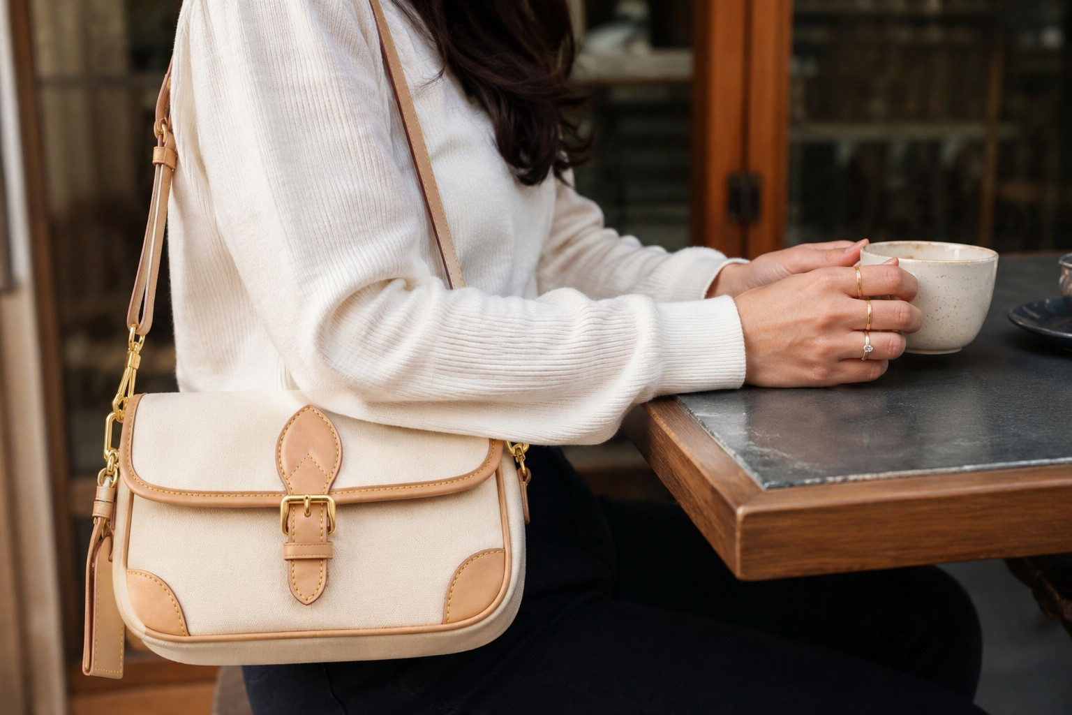 Women’s Artisan Canvas Shoulder Bag Genuine Leather Trim Crossbody Gold Tone