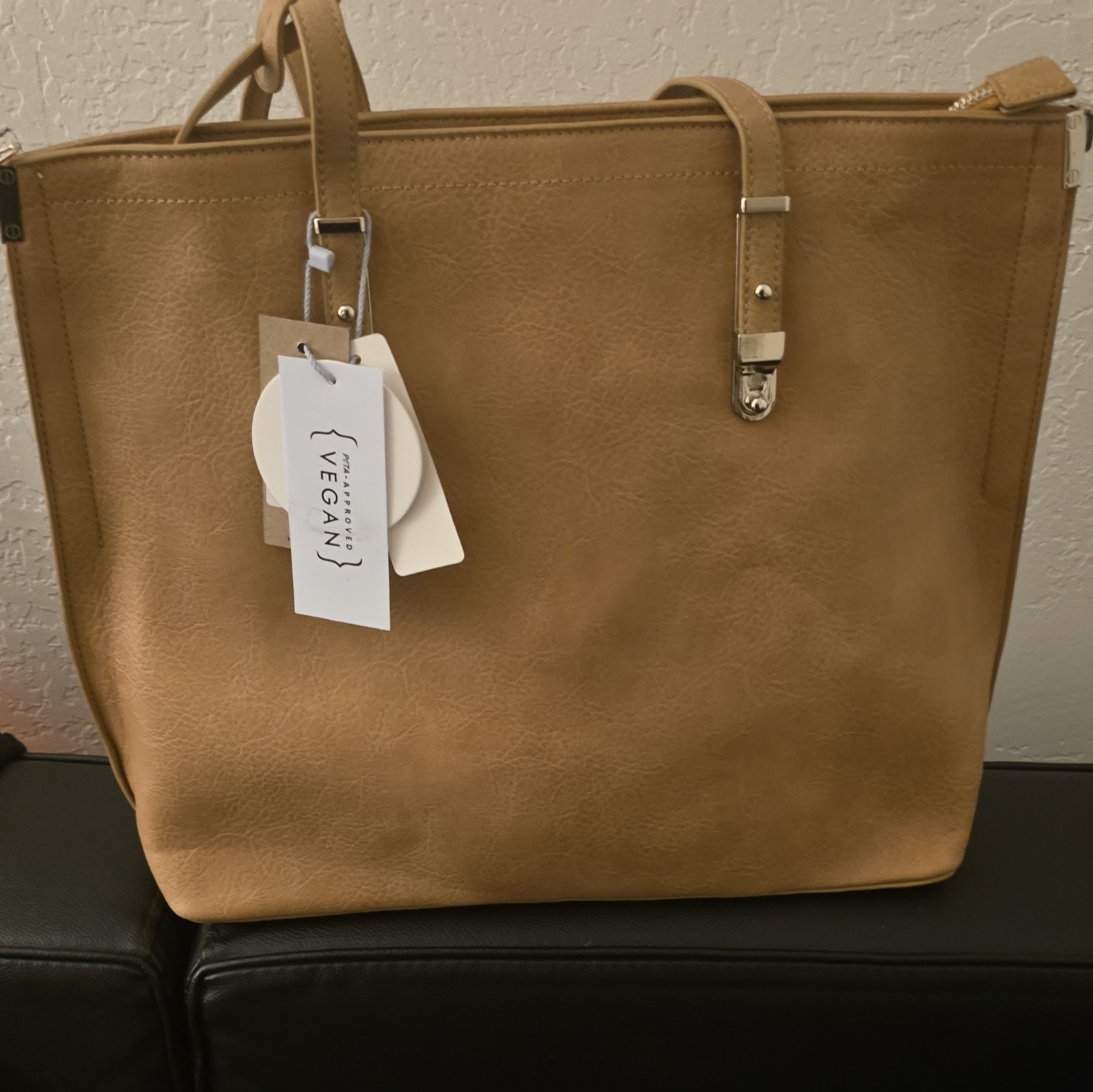 Tan Solid Tote 4 Piece Set Double Handles Zip Pockets Silver Hardware 2 Straps